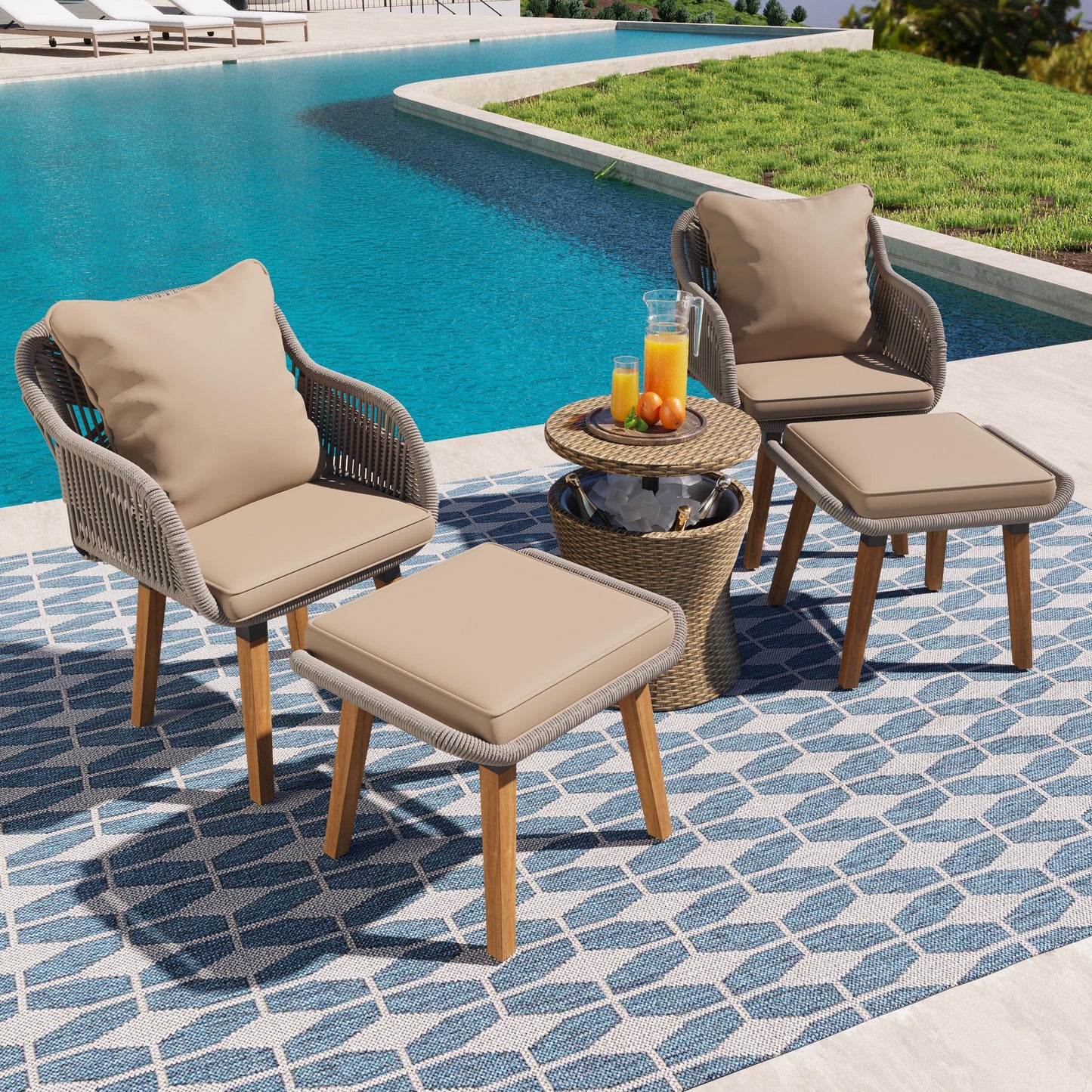 5 PCS Outdoor Rattan Furniture Set, Patio Lounge Chairs with Ottoman Footrest, All Weather Cushioned Outside Sectional Furniture Set for Backyard, Deck, Balcony, Y016