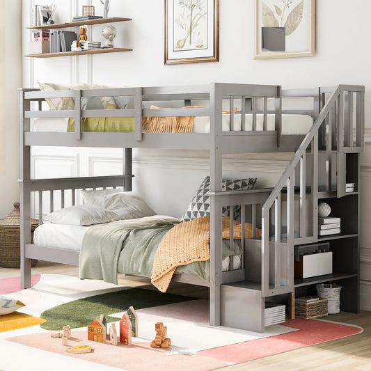 Twin over Twin Bunk Bed, SYNGAR Solid Wood Bunk Bed Frame W/ Ladder, Safety Guardrail & Storage, Bedroom Convertible Bottom Bunk Bed Furniture for Kids Teens Adults, No Box Spring Needed, Gray, D2065