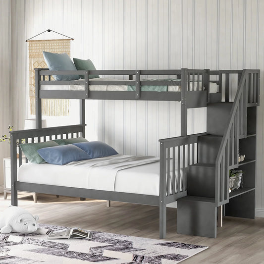 Twin over Full Bunk Bed, SYNGAR Solid Wood Bunk Bed Frame W/ Ladder, Safety Guardrail & Storage, Bedroom Convertible Bottom Bunk Bed Furniture for Kids Teens Adults, No Box Spring Needed, Gray, D2029