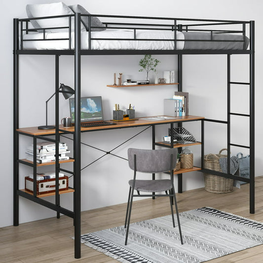 Twin Loft Bed Frame with Desk for Teens Kids, Classic Metal Bed Frames in Twin with Desk Ladder and Guardrails, Kids Bed Frame, Black, LJ503