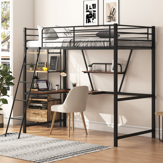 Twin Loft Bed with Desk for Kids Teens Adult, Metal Bunk Bed with Storage Shelf/Stair/Guardrails, Kids Loft Bed for Bedroom, Black