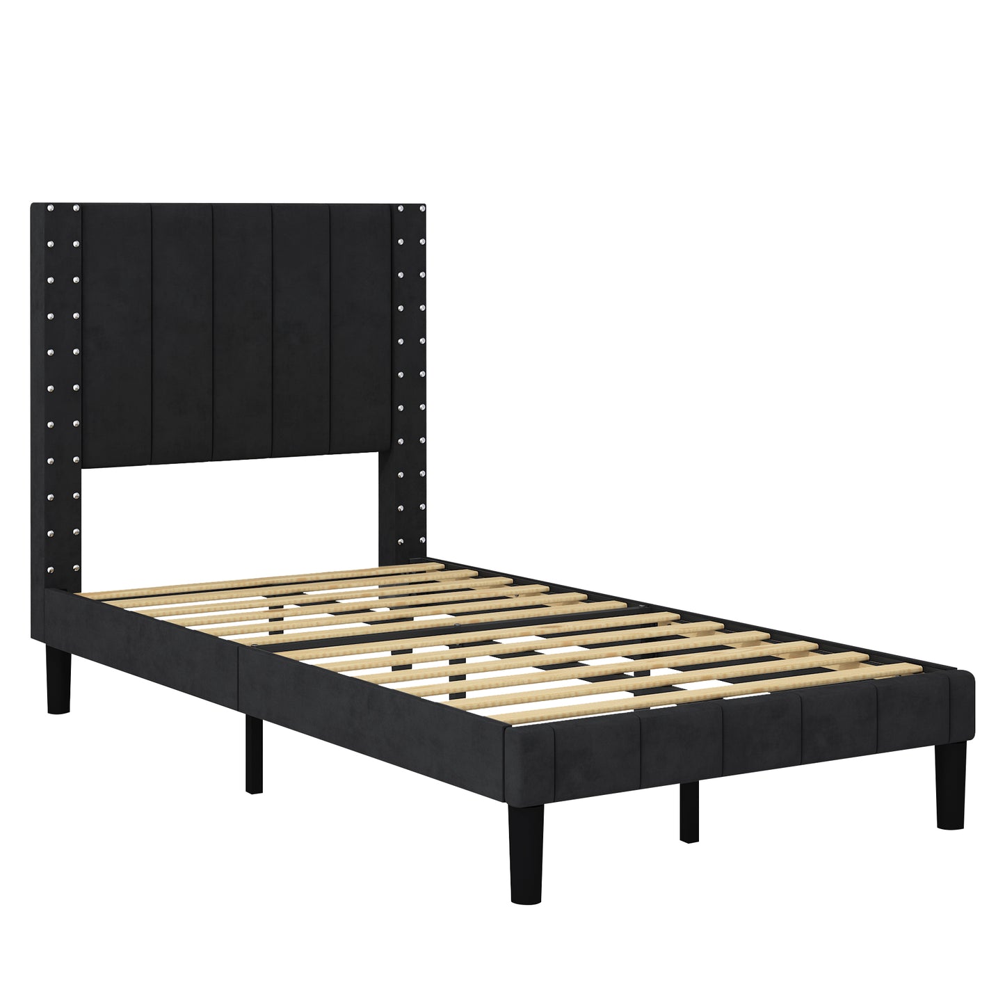 SYNGAR Twin Bed Frame, Twin Size Fabric Upholstered Platform Bed Frame with Headboard, Bedroom Furniture Metal Frame Platform Bed Frame, No Box Spring Needed, Black