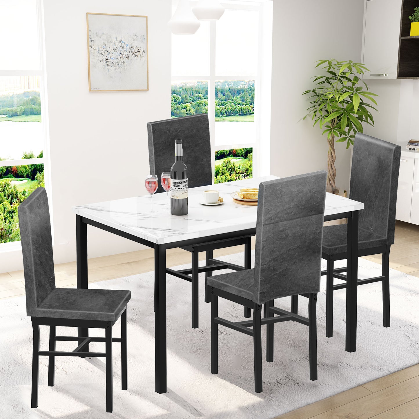 5 Piece Dining Set, Modern Dining Table and Chairs Set for 4, Kitchen Dining Table Set with Faux Marble Tabletop and 4 PU Leather Upholstered Chairs, for Small Space, Breakfast Nook, Black, Y006
