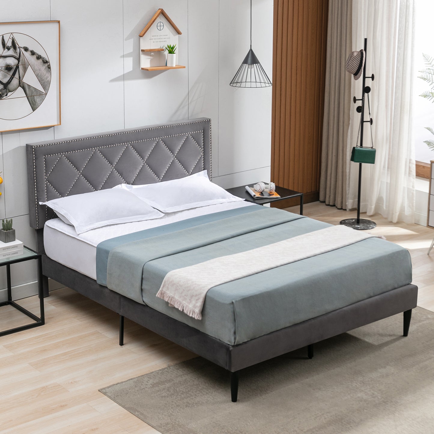 SYNGAR Upholstered Queen Bed Frame with Nailhead Trim Headboard, Fabric Platform Bed Frame Queen Size Bed Frame, Bedroom Furniture for Teens Adults, No Box Spring Needed, Gray