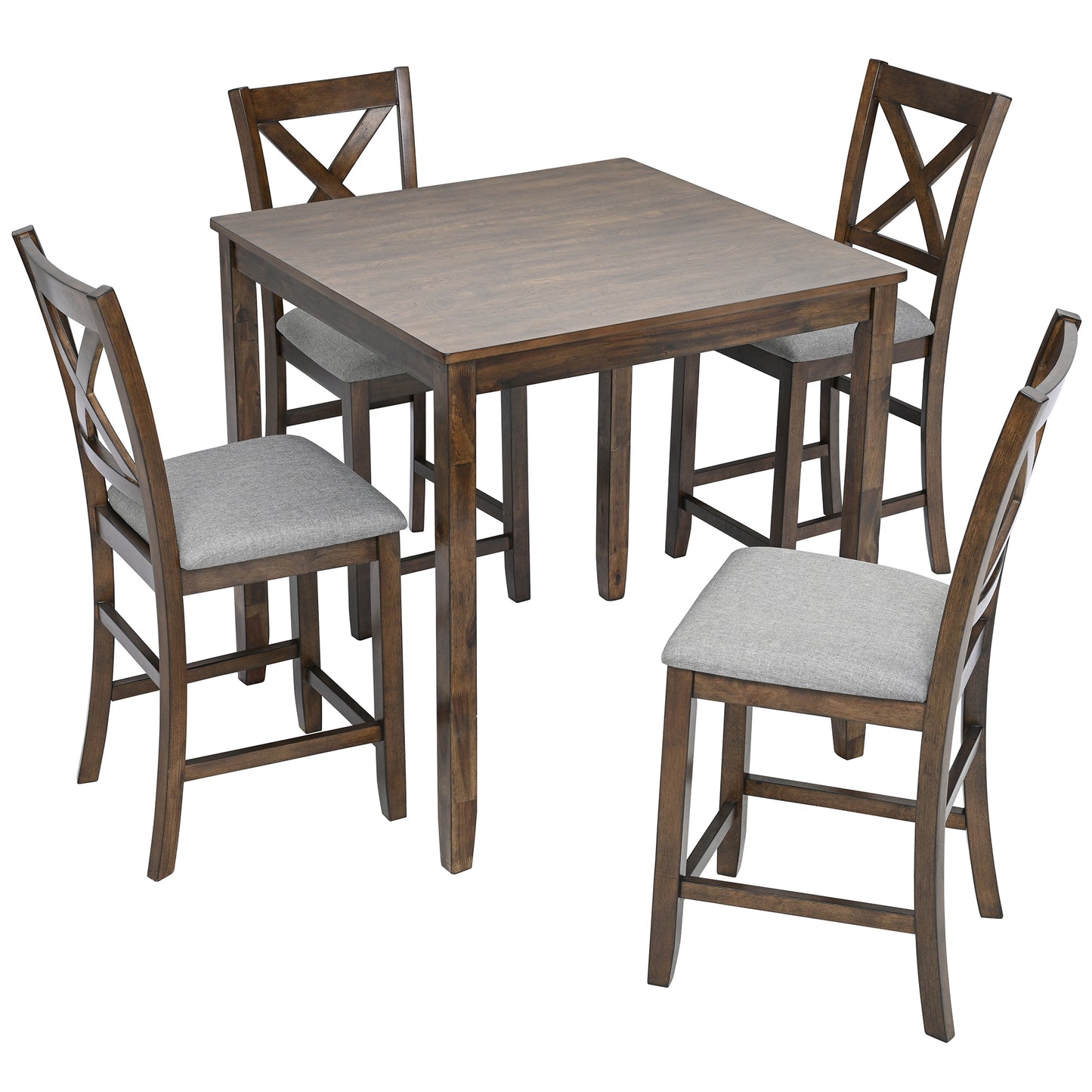 5-Piece Counter Height Dining Table Set for 4, 34.5 Inch Square Kitchen Table and 4 Upholstered Chairs with X-Back and Footrests, Space-Saving Dinette Set, Walnut