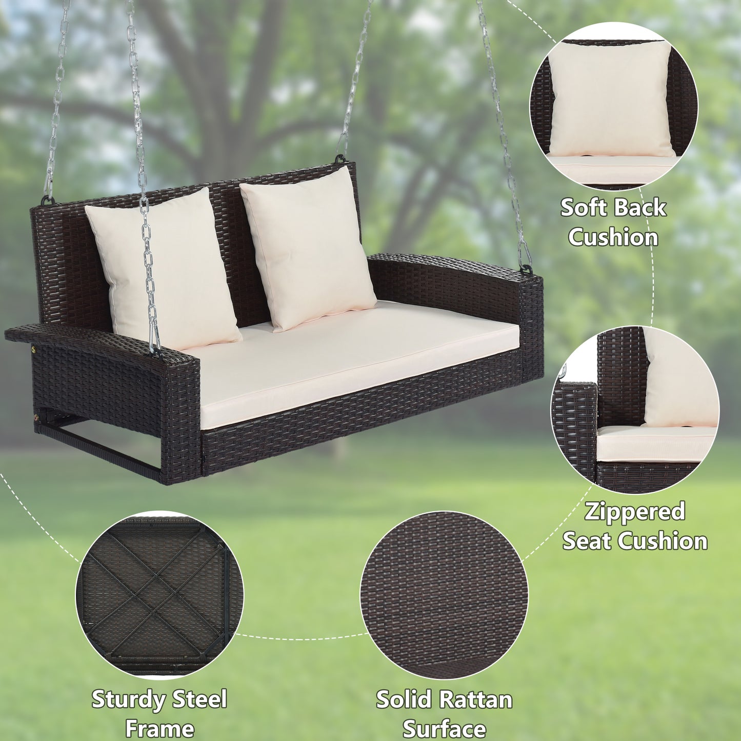 2-Person Wicker Outdoor Porch Swing, Hanging Patio Bench Loveseat Sofa with Weather Resistant Chains, Cushion, Pillow, Rattan Swing Bench for Garden, Backyard, Pond, Brown