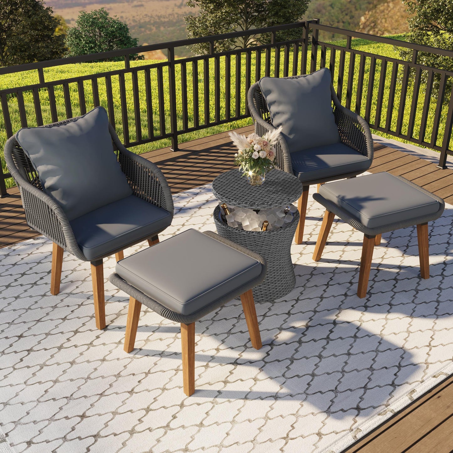 5 PCS Outdoor Rattan Furniture Set, Patio Lounge Chairs with Ottoman Footrest, All Weather Cushioned Outside Sectional Furniture Set for Backyard, Deck, Balcony, Y016