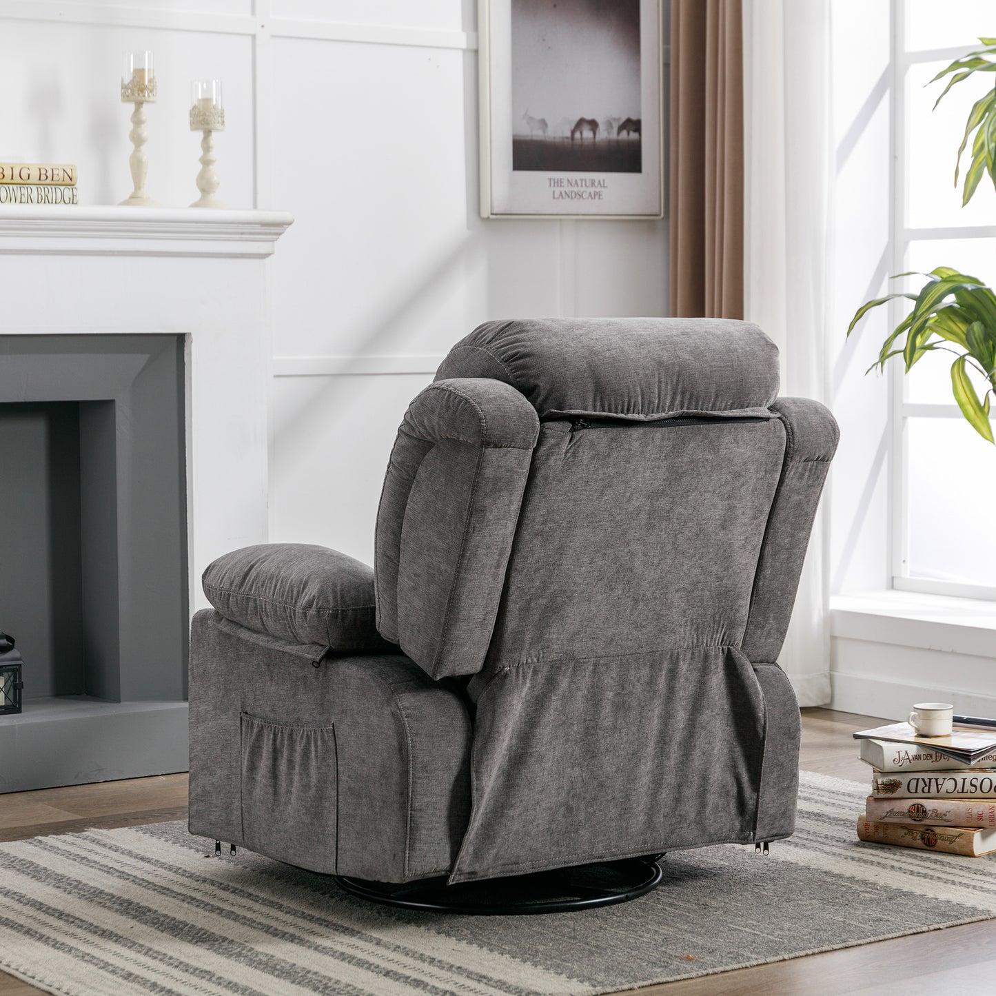 SYNGAR Manual Recliner Chair with Heat and Massage Function, USB and Cup Holders, Elderly Single Velvet Recliner Rocker Sofa Swivel Glider Chair for Nursery Living Room Home Theater Office, Gray
