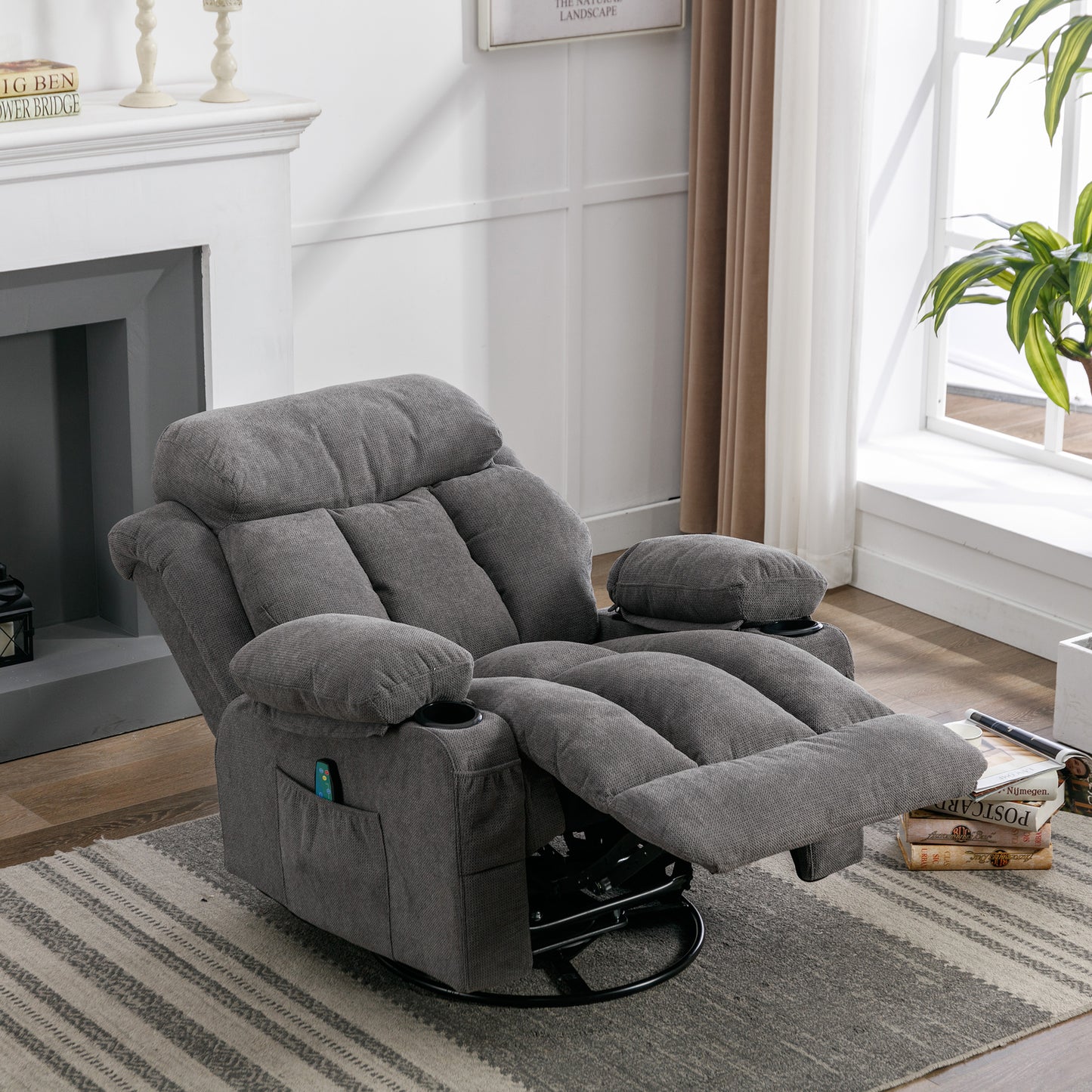 SYNGAR Recliner Sofa Chair with Heat and Massage Function, Manual Recliner Chair with USB and 2 Cup Holders, Velvet Rocker Single Sofa, Swivel Glider Chair for Nursery Bedroom Home Theater, Gray