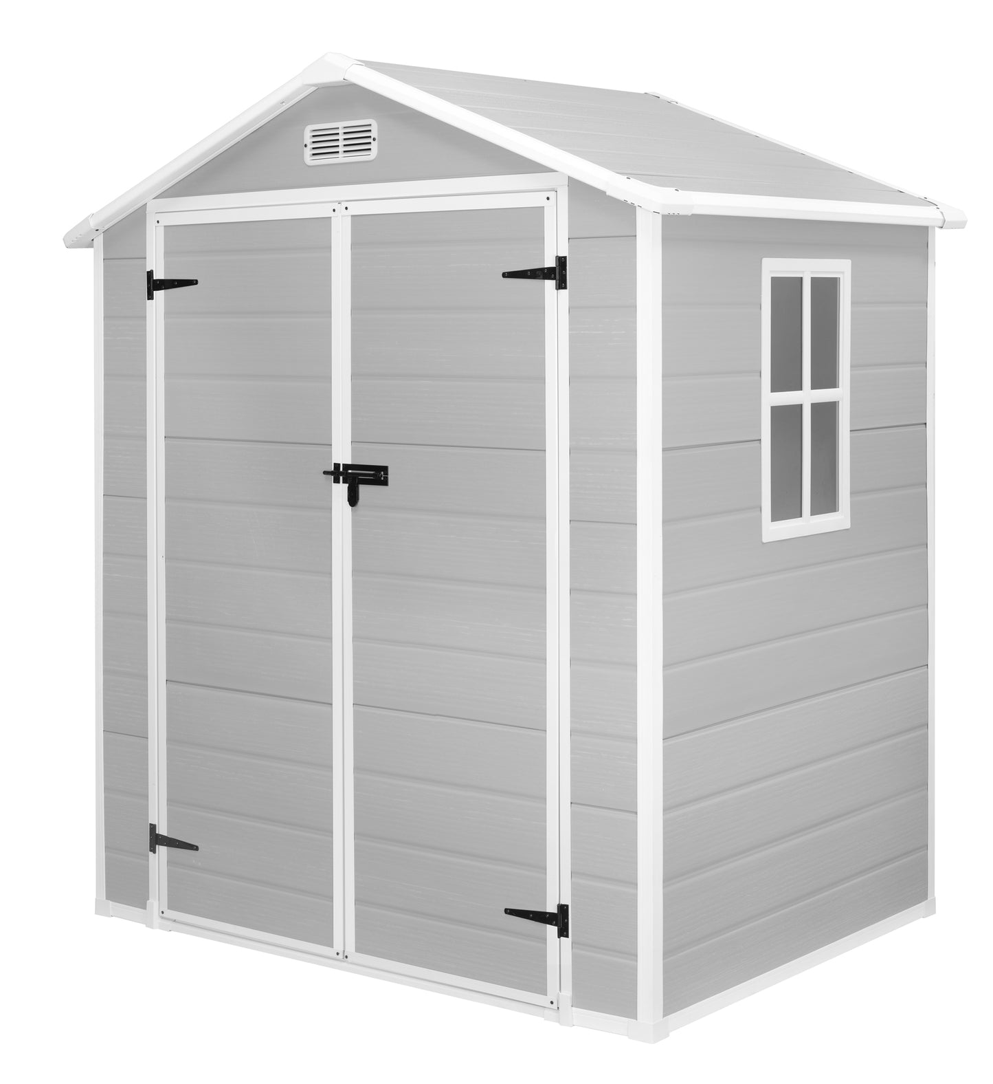 Syngar 6ft x 4ft Outdoor Plastic Storage Shed, All-Weather Tool Shed with Reinforced Floor, Pitched Roof and Double Lockable Doors, Large Garden Shed for Bikes, Lawnmowers, Trash Cans, Grey & White