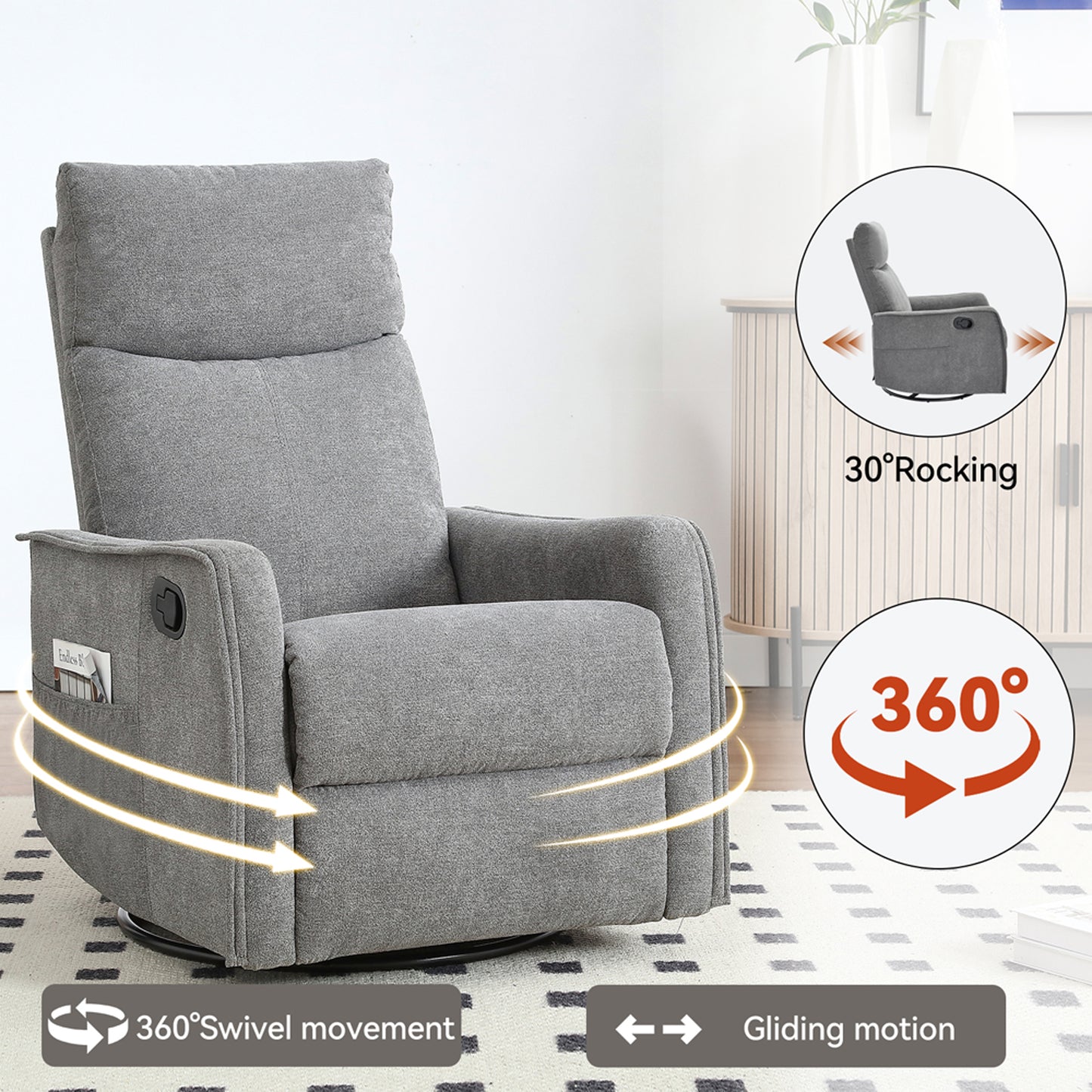 SYNGAR Swivel Rocker Recliner Chair for Living Room, Manual Reclining Chair with Heat and Massage Function, Fabric Single Rocking Sofa with Side Pocket for Home Theater, Gray