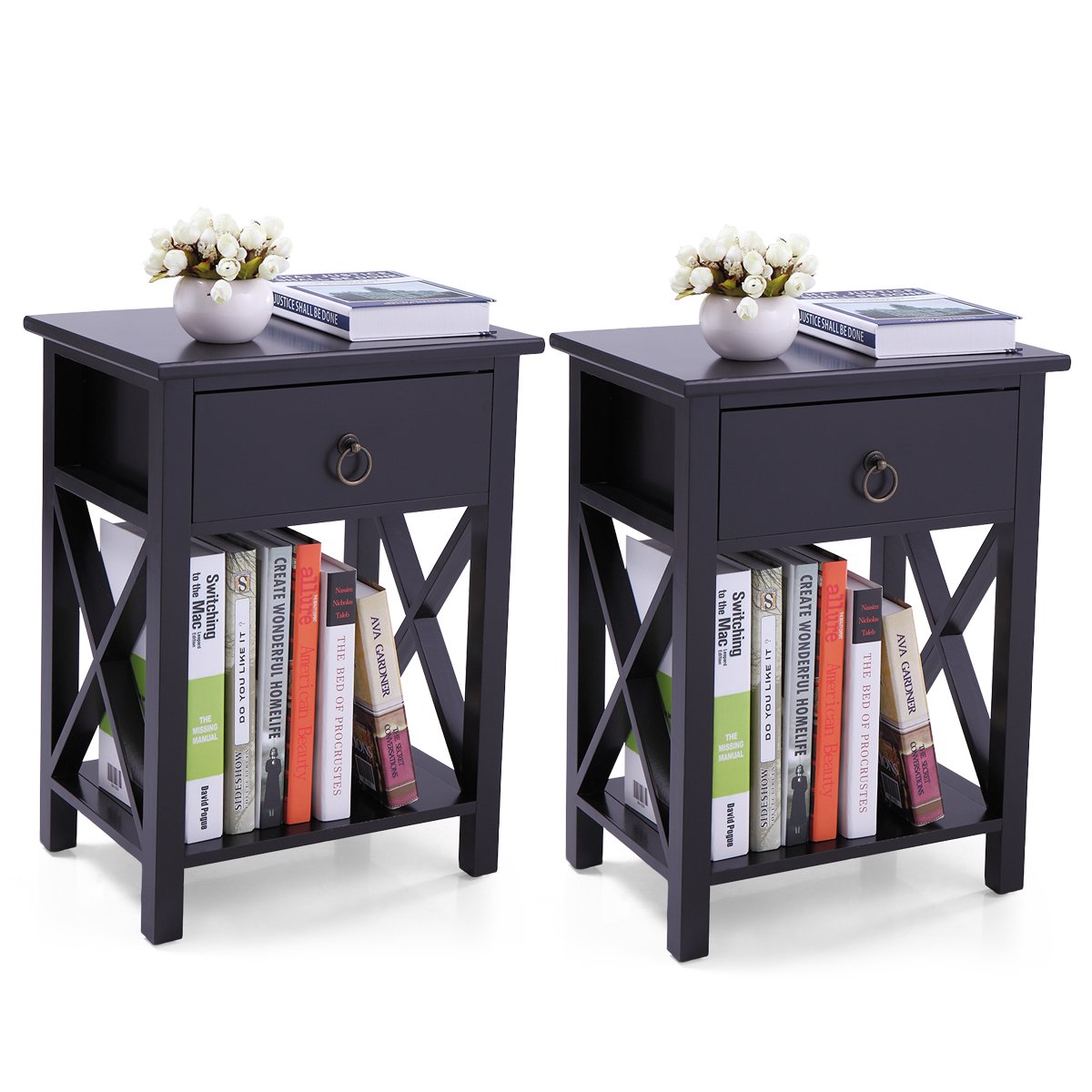 2PCS Rustic Nightstand with Drawers, Modern Wood Side Table with X-Shape Metal Sides, Rustic White End Table Furniture for Living Room Bedroom Office