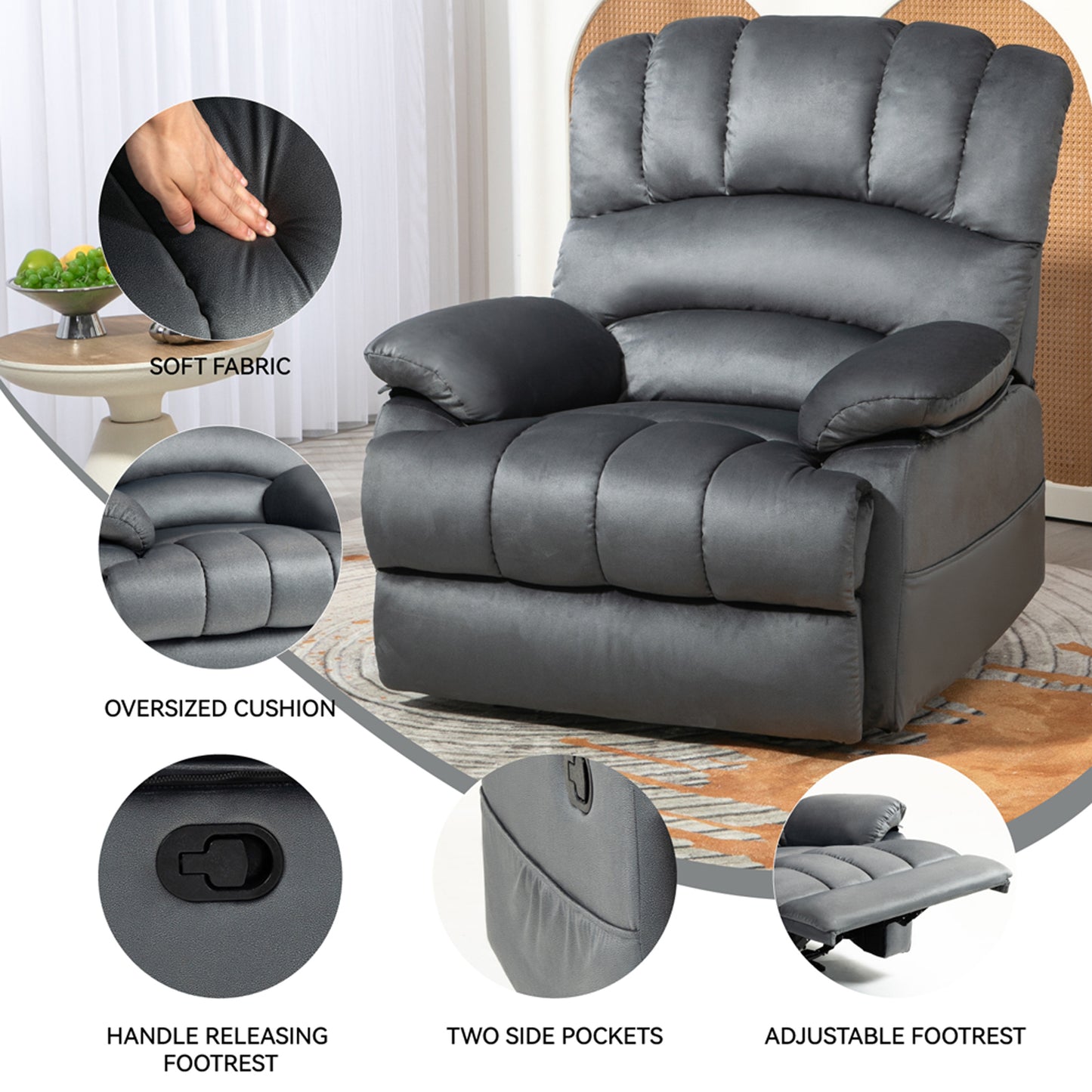 HSUNNS Oversized Manual Recliner Chair for Adults, Modern Fabric Reclining for Living Room, Single Sofa Home Theater with 2 Pockets, Easy Assembly, Gray