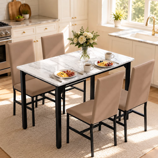 Syngar Dining Table with Chairs, Dining Room Table Set for 4, Faux Marble Tabletop and 7 PU Leather High Back Chairs, Kitchen Table and Chairs for Small Space, WK