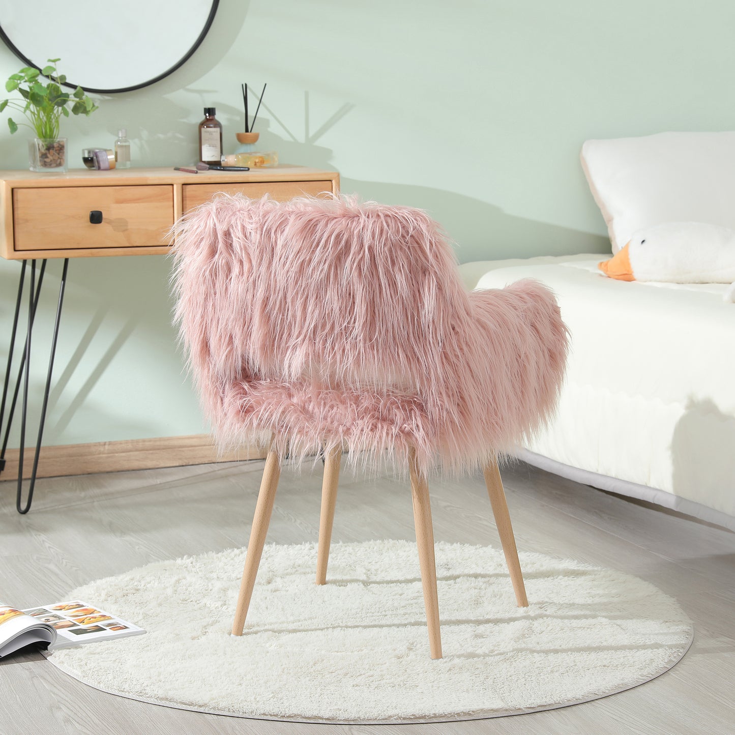 SYNGAR Pink Faux Fur Upholstered Chair for Bedroom, Cute Desk Chair with Backrest and Armrest, Elegant Makeup Vanity Chair with Wood Style Metal Leg for Living Room, Easy Assemble