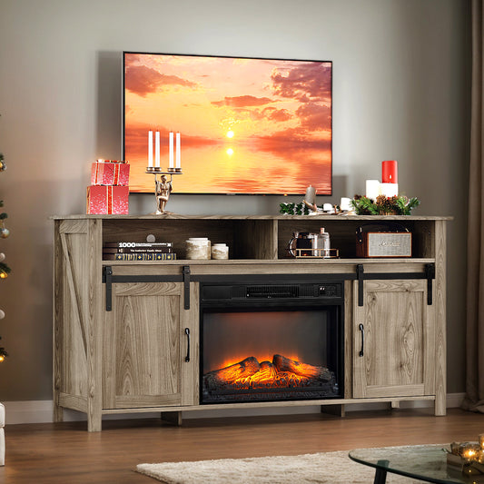 SYNGAR Farmhouse Fireplace TV Stand for TVs up to 70" with 23" Electric Fireplace with 6 flame colors, Entertainment Center with Open Shelves and 2-Door Storage, for Living Room