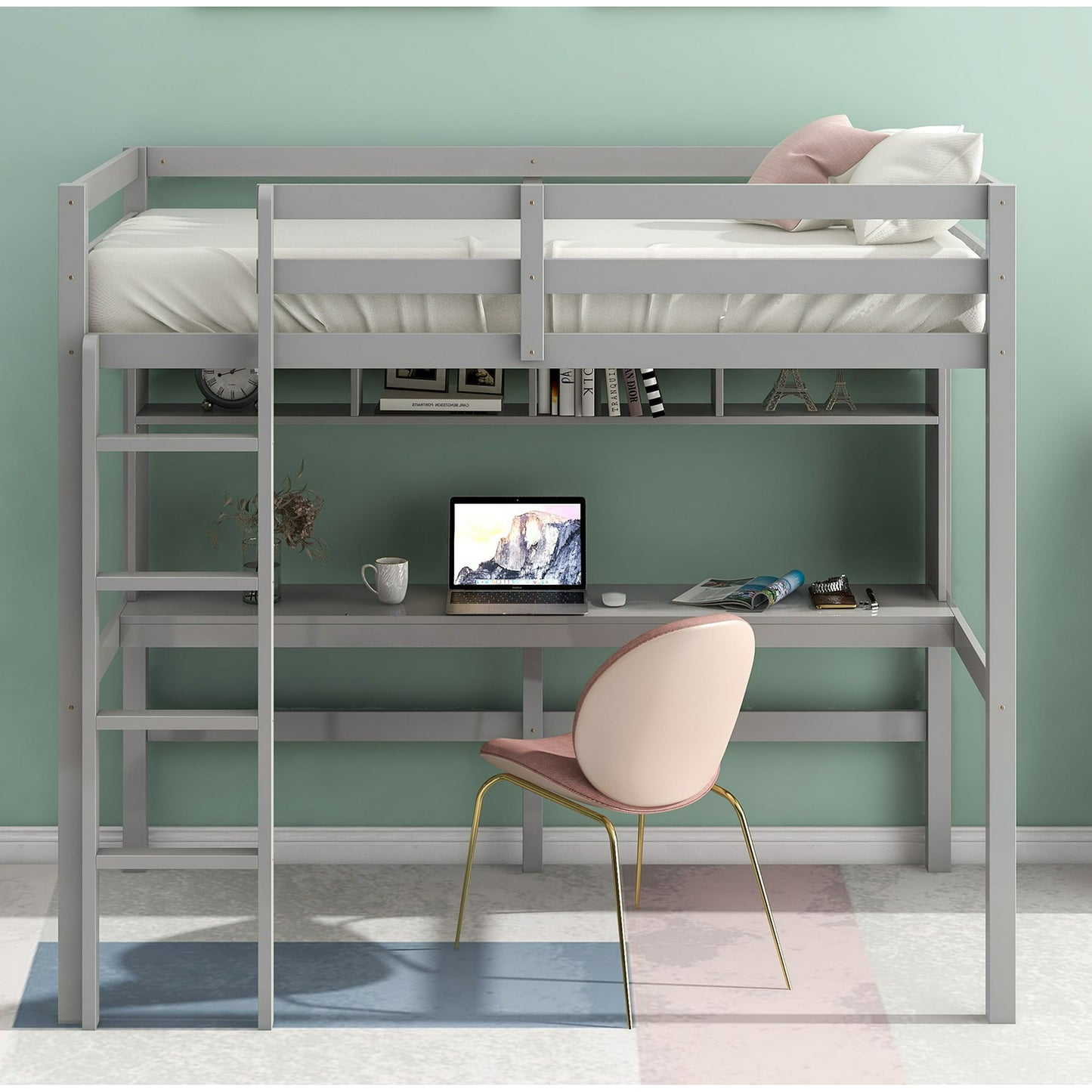 Syngar Loft Bed with Desk and Dresser for Kids, Solid Pine Wood Twin Loft Bunk Bed Frame with Ladder and Built-in Desk for Boys Girls Teens Adults, No Box Spring Needed, Gray, LJ648