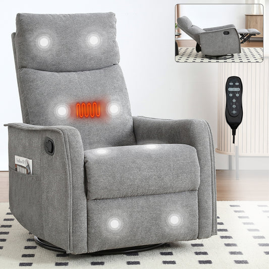 SYNGAR Swivel Rocker Recliner Chair for Living Room, Manual Reclining Chair with Heat and Massage Function, Fabric Single Rocking Sofa with Side Pocket for Home Theater, Gray