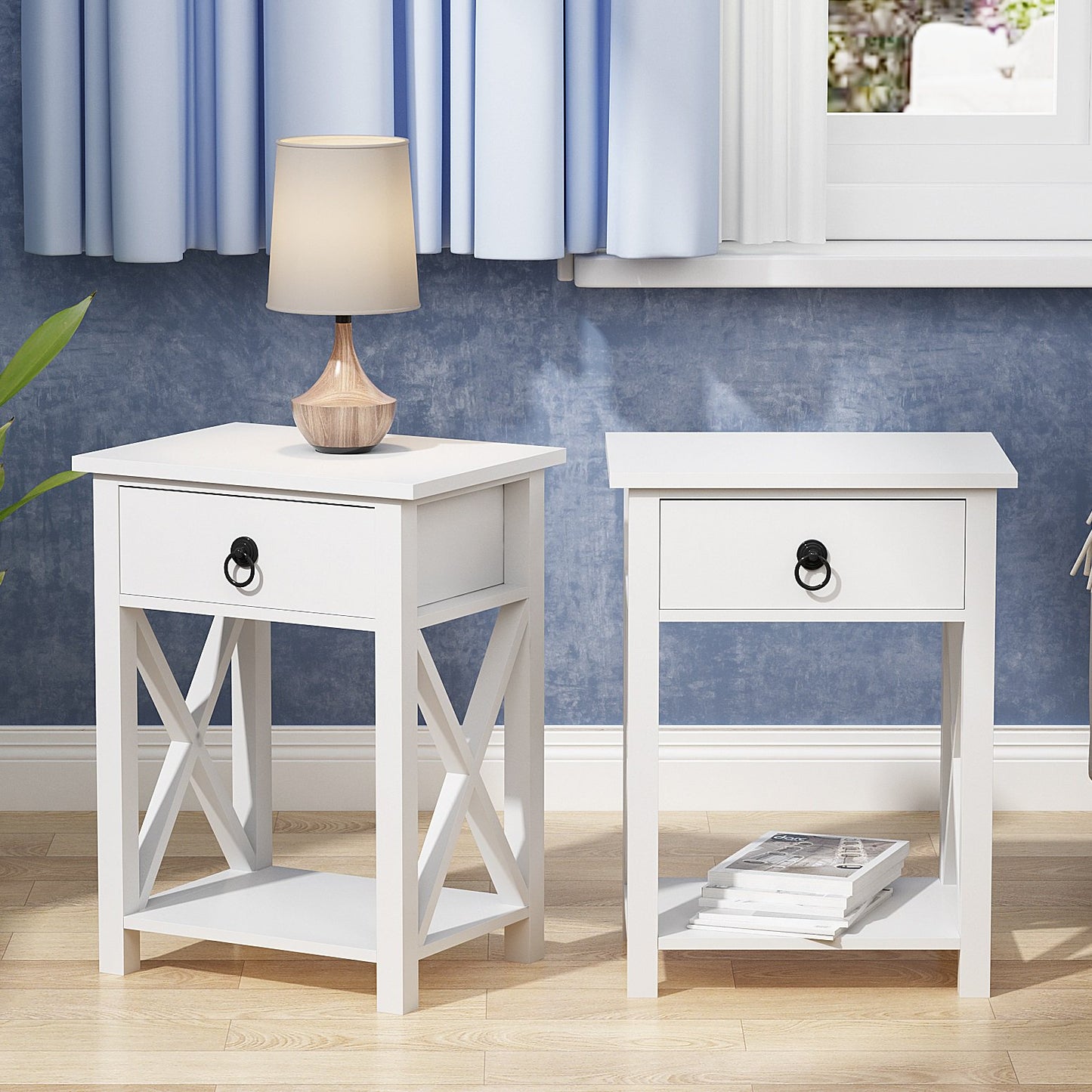 2PCS Rustic Nightstand with Drawers, Modern Wood Side Table with X-Shape Metal Sides, Rustic White End Table Furniture for Living Room Bedroom Office