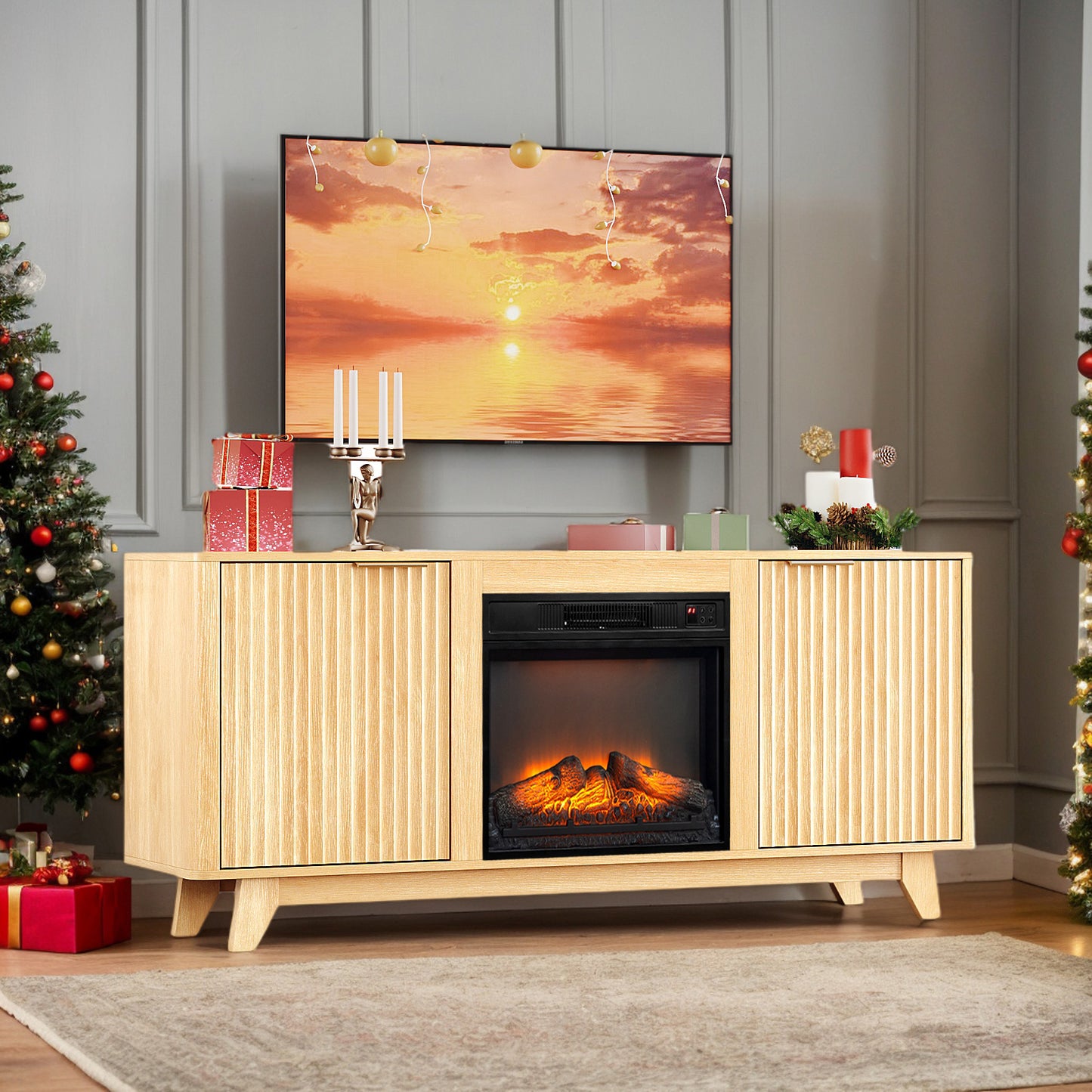 SYNGAR Fireplace TV Stand with 23 Inch Electric Fireplace Insert, 58 Inch Modern Media Console for Living Room, Entertainment Center with Open Shelves Storage, Oak Finish, Gold Handles