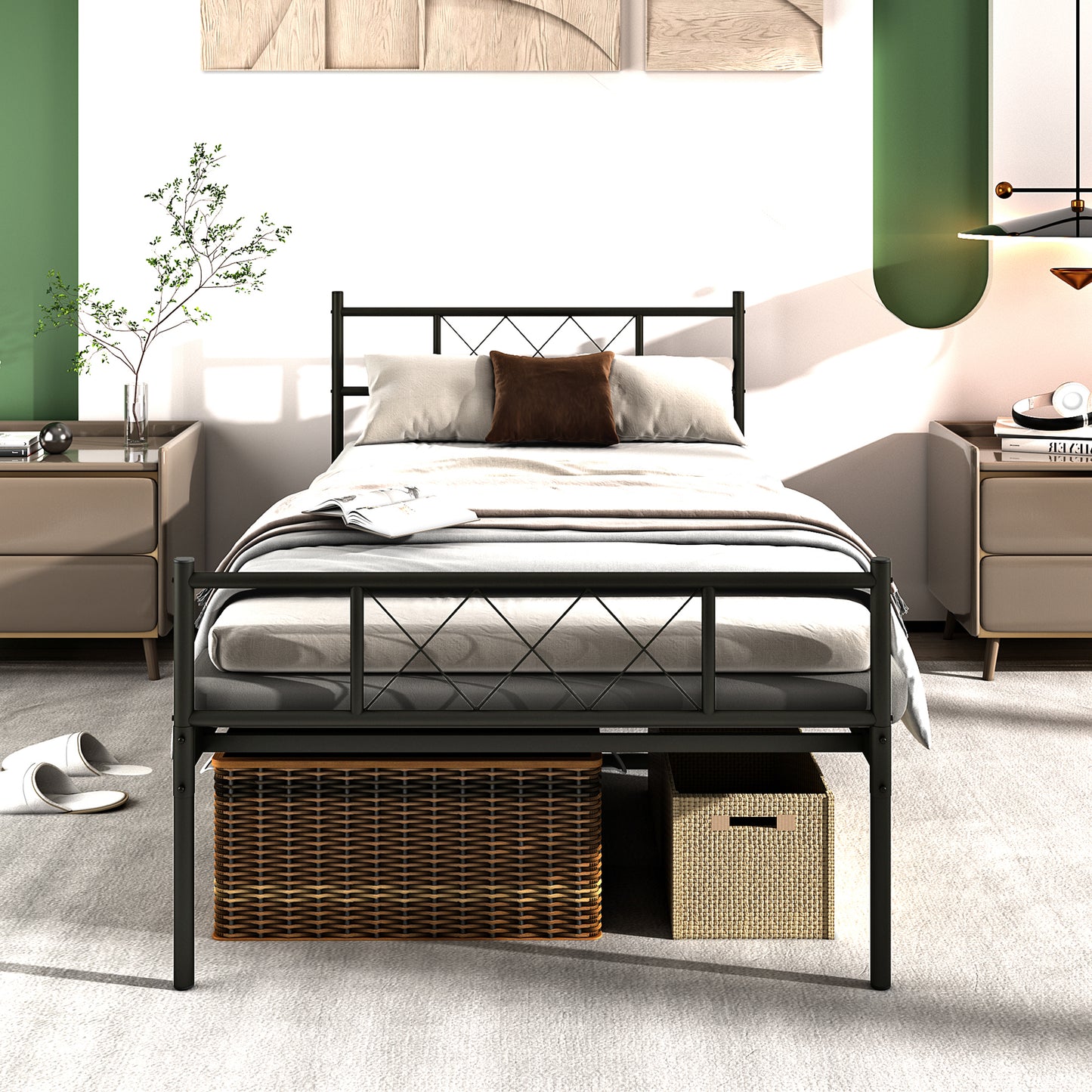 SYNGAR Twin Bed Frames with Headboard and Footboard, Modern Iron Twin Size Bed Frames with 10 Metal Slat, and 14" Under Bed Storage Space, Noise Free, No Box Spring Needed, Black