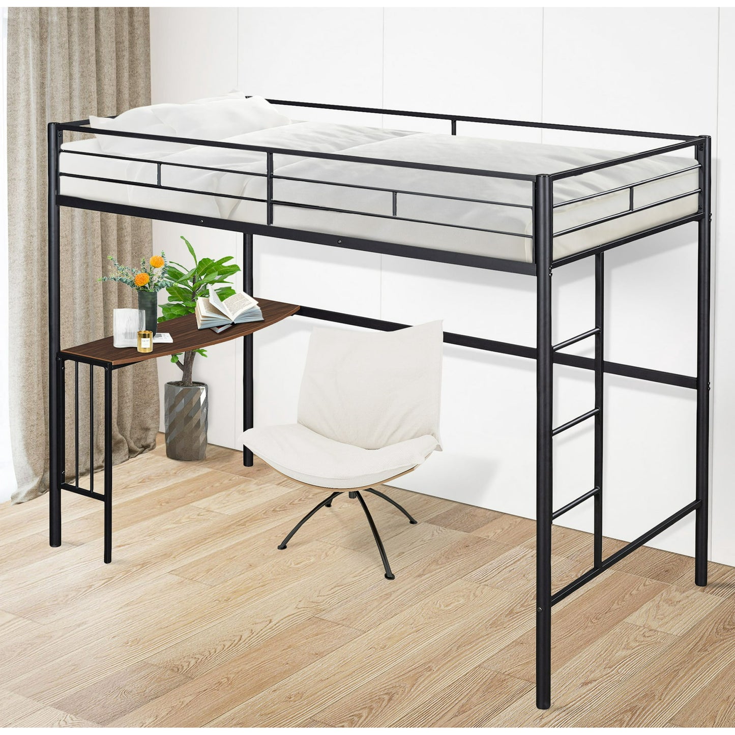 Twin Loft Bed Frame with Desk for Teens Kids, Classic Metal Bed Frames in Twin with Desk Ladder and Guardrails, Kids Bed Frame, Black, LJ504