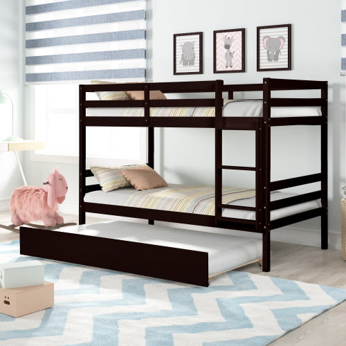 Twin over Twin Bunk Bed with Trundle, Triple Bunk Bed Frame Twin Size with Safety Rail, Can Converted into 2 Beds,Espresso