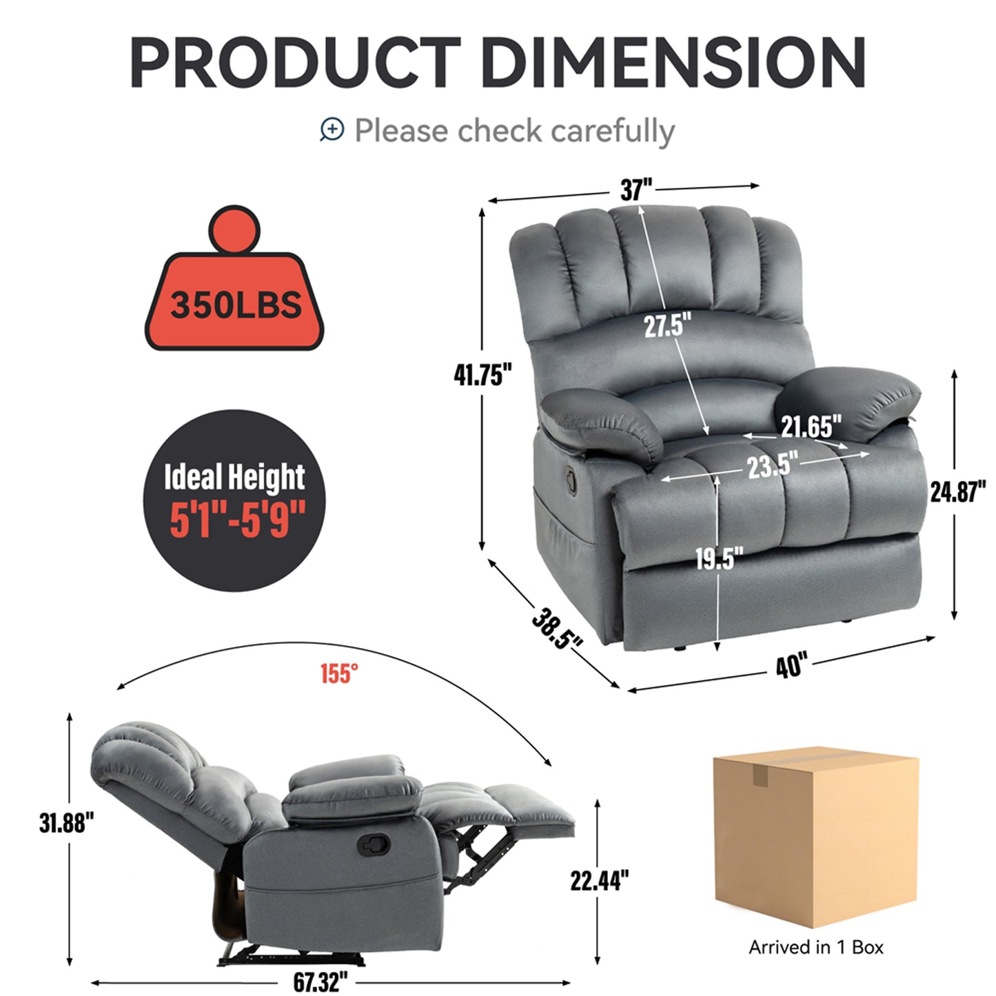 HSUNNS Oversized Manual Recliner Chair for Adults, Modern Fabric Reclining for Living Room, Single Sofa Home Theater with 2 Pockets, Easy Assembly, Gray