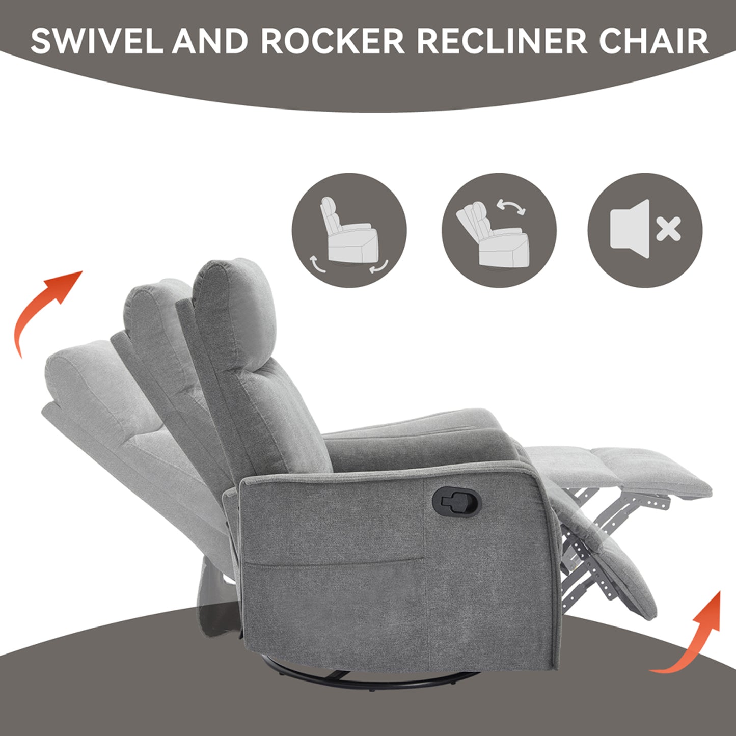 SYNGAR Swivel Rocker Recliner Chair for Living Room, Manual Reclining Chair with Heat and Massage Function, Fabric Single Rocking Sofa with Side Pocket for Home Theater, Gray