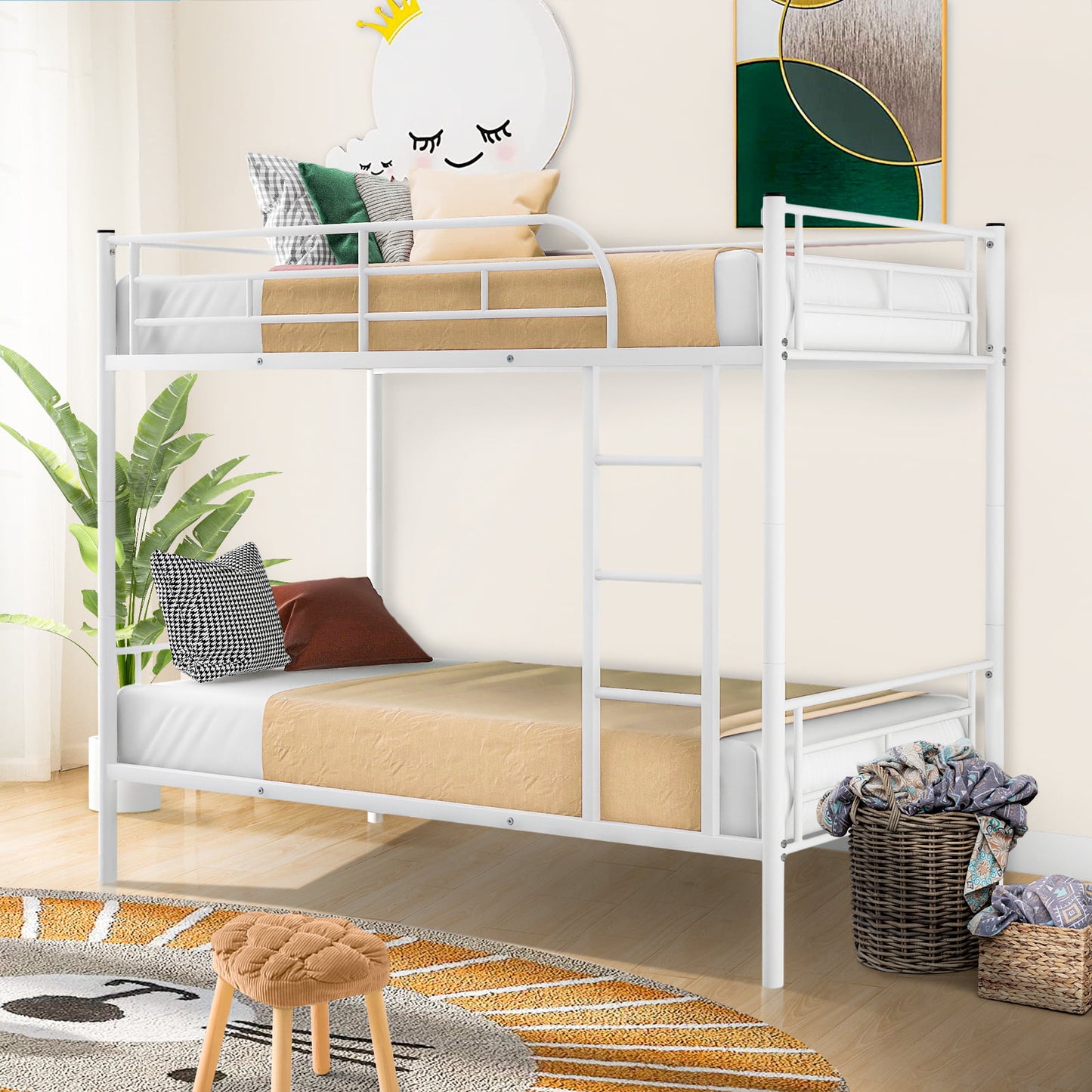 Syngar Bunk Bed with Escalator, Metal Twin Over Twin Bunk Bed with Full-length Guardrail and 1 Built-in Ladders, Loft Bunk Bed for Bedroom Guest Room Apartment, White, LJ3321
