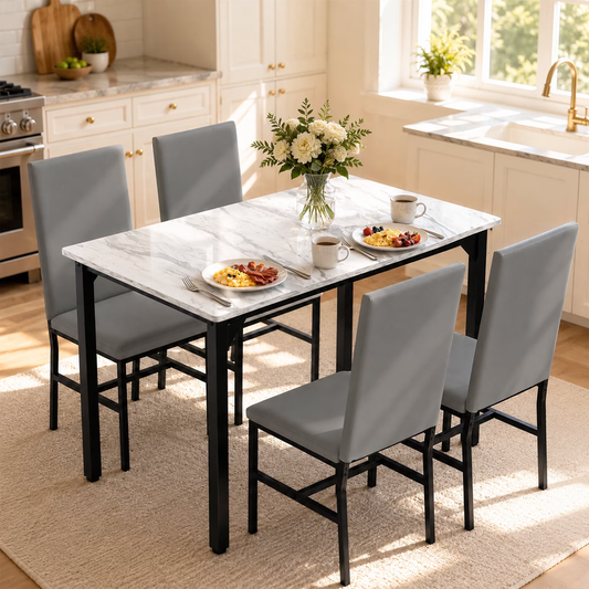 Syngar Dining Table with Chairs, Dining Room Table Set for 4, Faux Marble Tabletop and 9 PU Leather High Back Chairs, Kitchen Table and Chairs for Small Space, WG