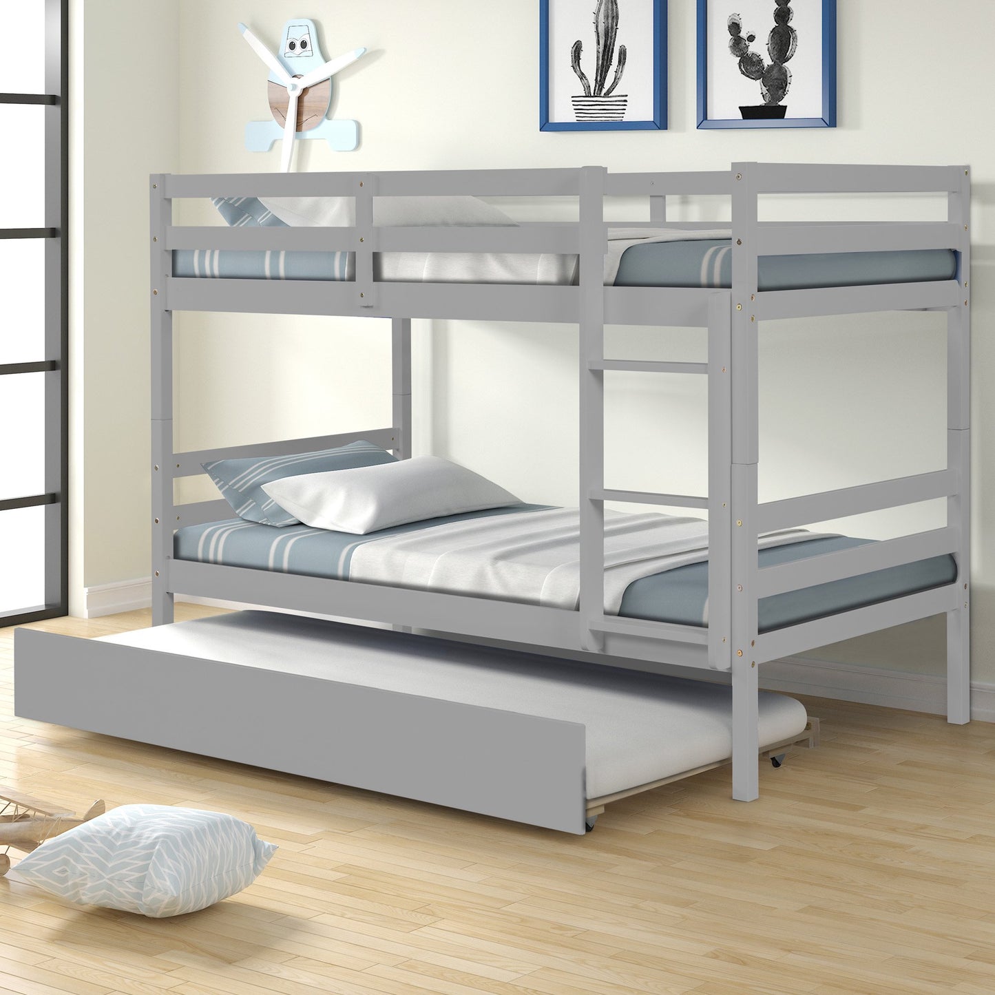 Twin over Twin Bunk Bed with Trundle, Triple Bunk Bed Frame Twin Size with Safety Rail, Can Converted into 2 Beds, Gray