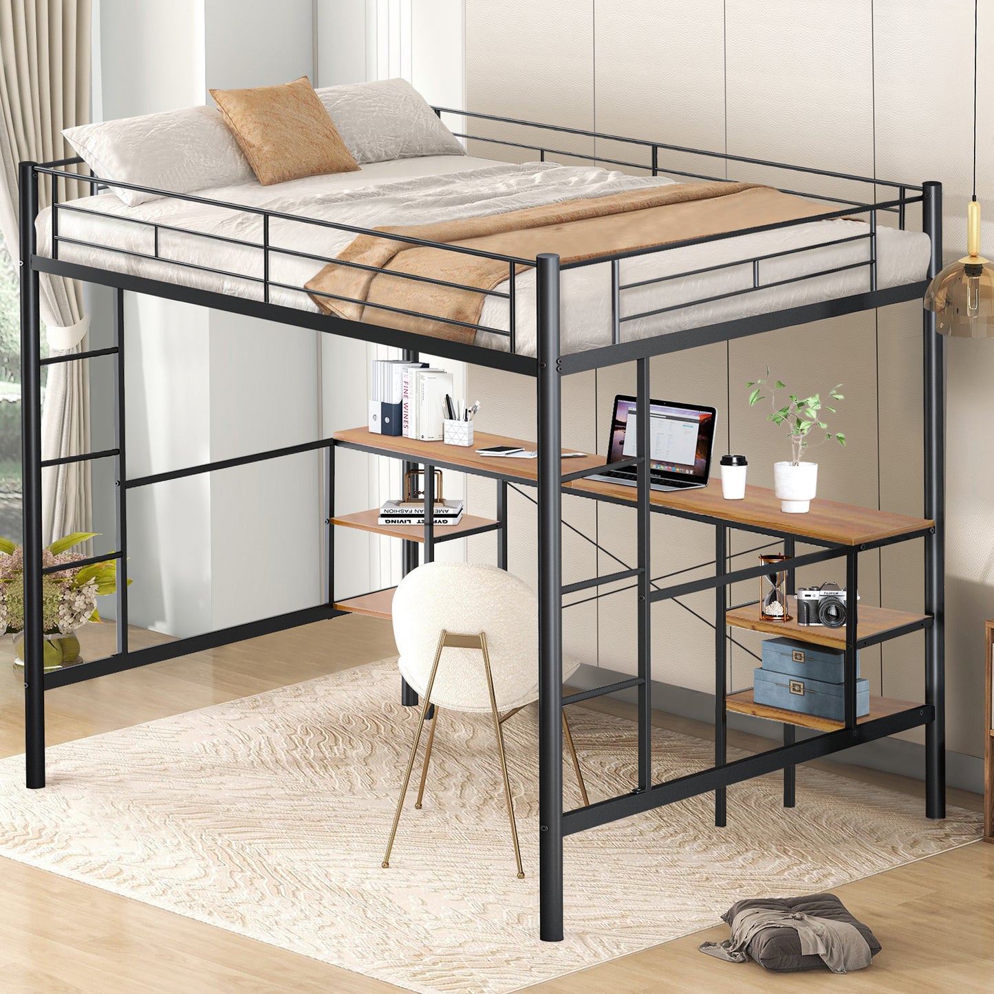 SYNGAR Twin Loft Bed with Desk, Metal Loft Bed with 4 Storage Shelves, Space-Saving Bed Frame with Bilateral Ladders and Safety Guard Rails for Boys Girls Kids Teens Adults, Black