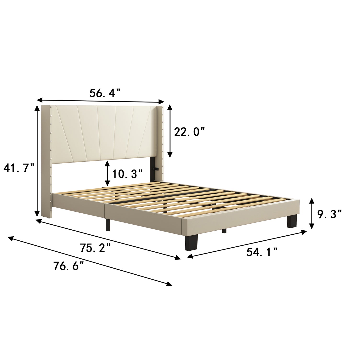 SYNGAR Beige Fabric Upholstered Platform Bed Frame Full Size with Elegant Headboard, Wood Frame Bedroom Furniture with Strong Slat Support, No Box Spring Needed, Noise Free, Easy Assembly