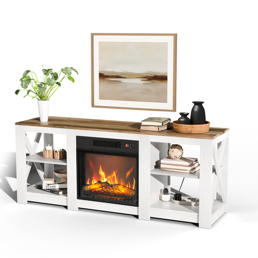 SYNGAR 58" Fireplace TV Stand with 18" Electric Fireplace with 6 Flame Colors, Entertainment Center with Open Shelves Storage, Modern Television Table Center for Living Room, White
