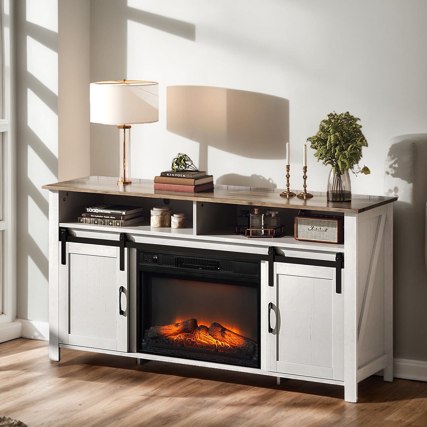 SYNGAR Farmhouse TV Stand with 23in Fireplace, Modern Entertainment Center Media Console Table for 55/60/65" TVs with Sliding Barn Doors, White + Brown
