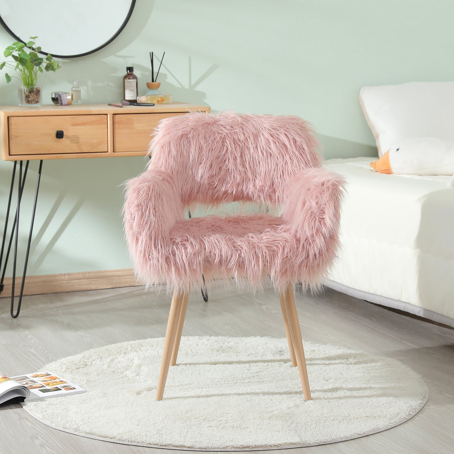 SYNGAR Pink Faux Fur Upholstered Chair for Bedroom, Cute Desk Chair with Backrest and Armrest, Elegant Makeup Vanity Chair with Wood Style Metal Leg for Living Room, Easy Assemble