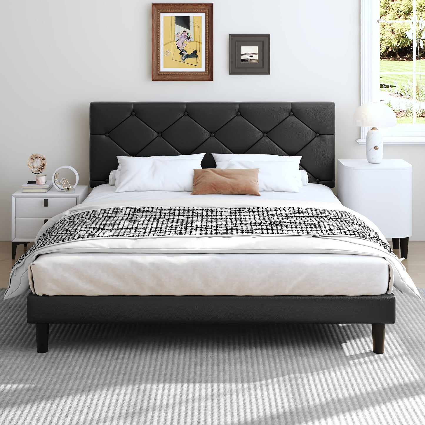 SYNGAR Queen Bed Frame with Upholstered Faux Leather Adjustable Headboard, Platform Bed Frame with Wood Slats Support, Noise-Free, Easy Assembly, No Box Spring Needed, Modern White Bed Frame