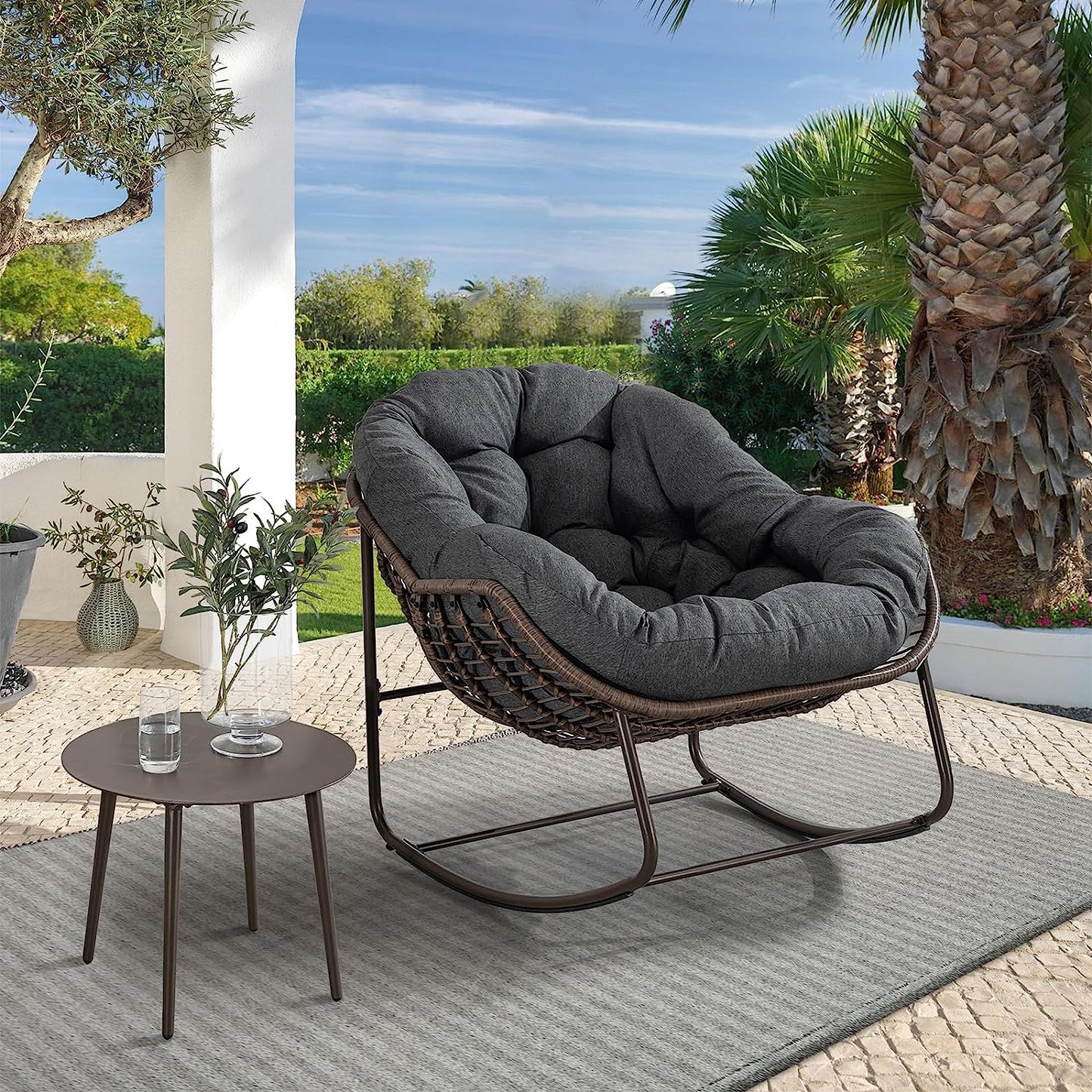 Syngar Outdoor Rocking Chair, Patio Oversized Wicker Egg-Shaped Rocker Chair with Gray Padded Cushion, Indoor & Outdoor Comfy Lounge Recliner Chair for Balcony, Poolside, Garden, Backyard, Deck