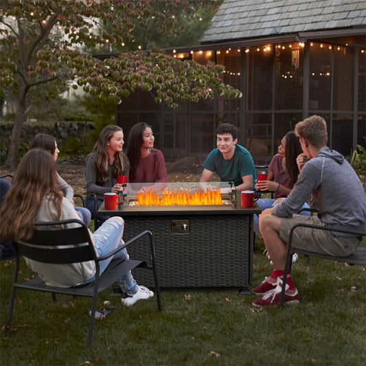 43 inch Rectangle Gas Fire Pit Table, SYNGAR Outdoor Propane Fire Pit with Glass Wind Guard, Volcanic Stones and Lid, 50,000 BTU 2-in-1 Fire Pit Table for Backyard, Poolside, Patio, Garden