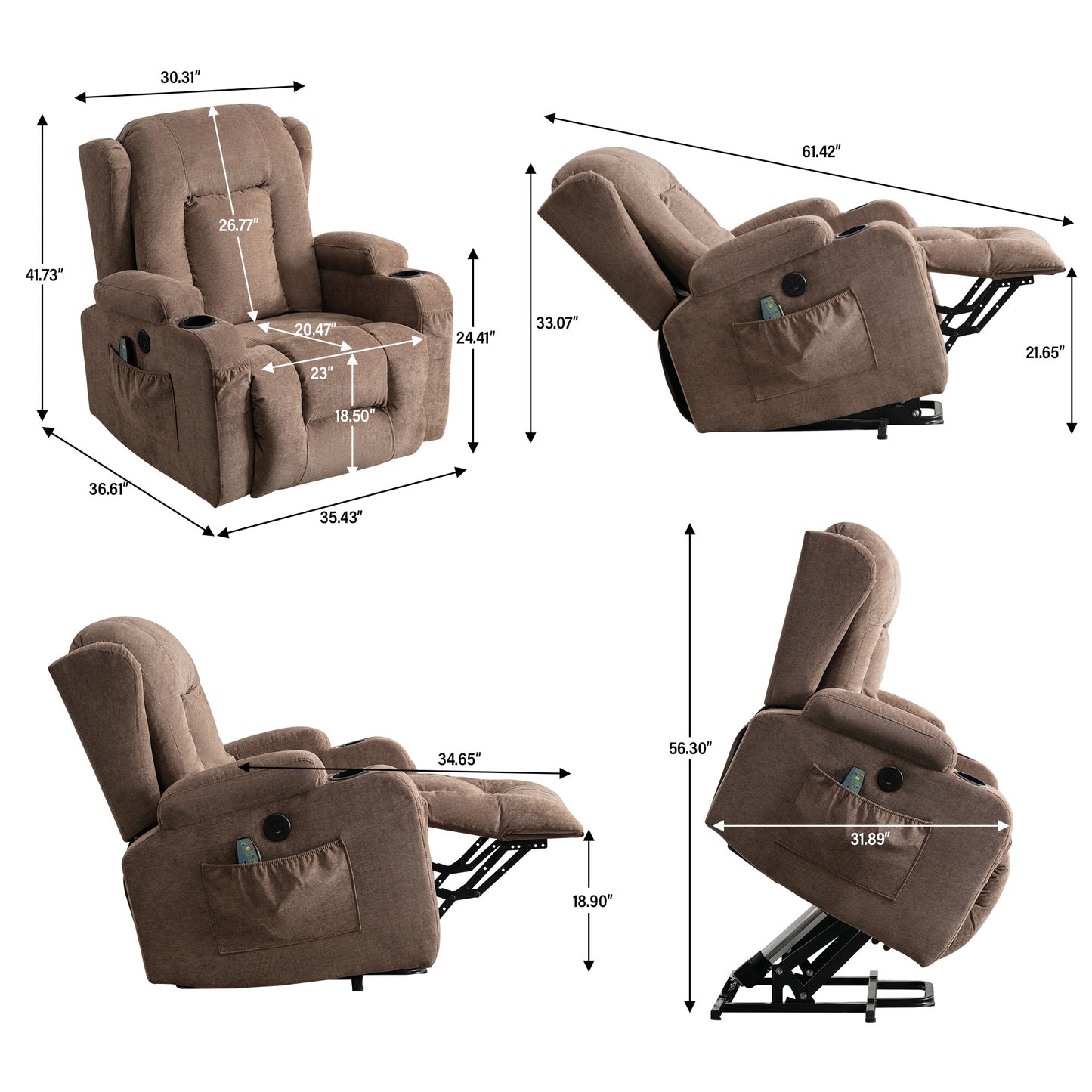 Power Lift Recliner Chair, Electric Elderly Sofa with Heat and Massage Function, Heavy Duty Reclining Mechanism with USB Charge Port, Cup Holders, Side Pockets for Living Room Home Theater, Brown