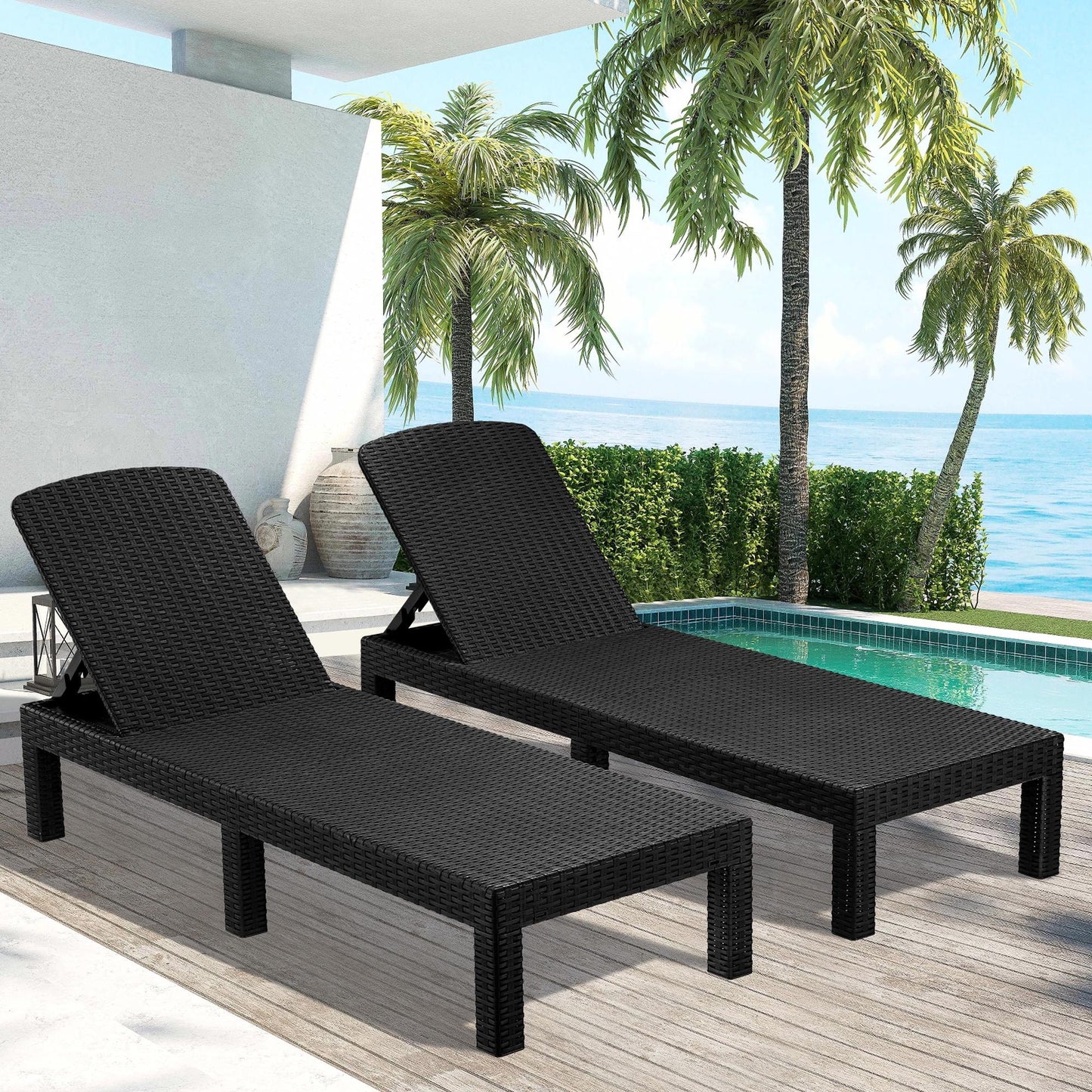 Chaise Lounge Set of 2, Patio Reclining Lounge Chairs with Adjustable Backrest, Outdoor All-Weather PP Resin Sun Loungers for Backyard, Poolside, Porch, Garden, Black