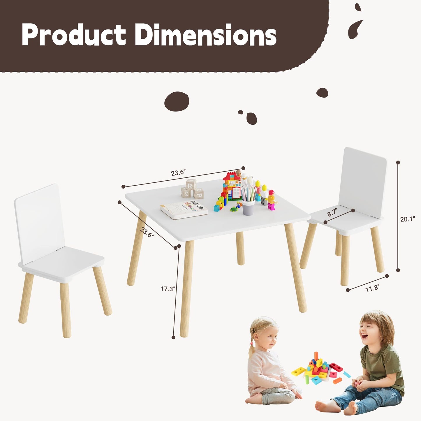 Syngar Kids Table and Chairs Set 3 Piece,Wooden Activity Table and Chairs Set for Toddlers Eating, Arts, Crafts, Drawing, Reading, PlayRoom, Gift for Gils Boys 1-7