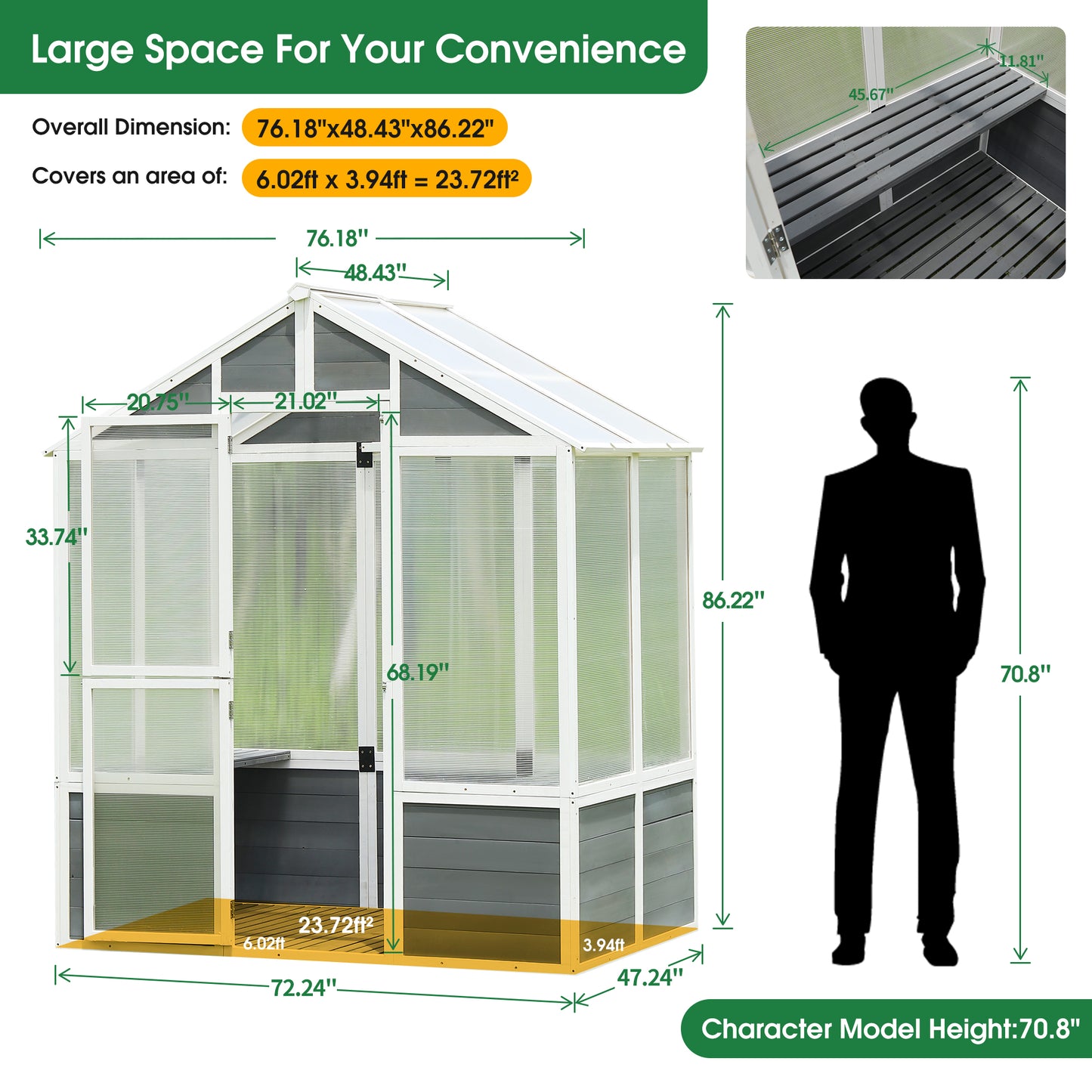 Syngar 6' x 4' Walk-in Greenhouse for Outdoor, Garden Polycarbonate Greenhouse with Sturdy Cold Wooden Frame, Drain Hole and Front Entry Doors, Backyard Greenhouse for Plants in Winter, D6343