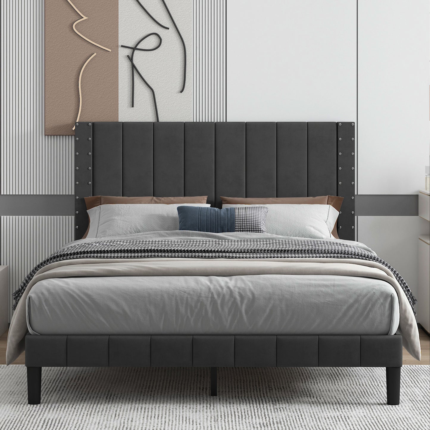 SYNGAR Queen Size Fabric Vertical Stripe Upholstered Platform Bed Frame with Headboard for Bedroom, No Box Spring Needed, Easy Assembly, Dark Gray