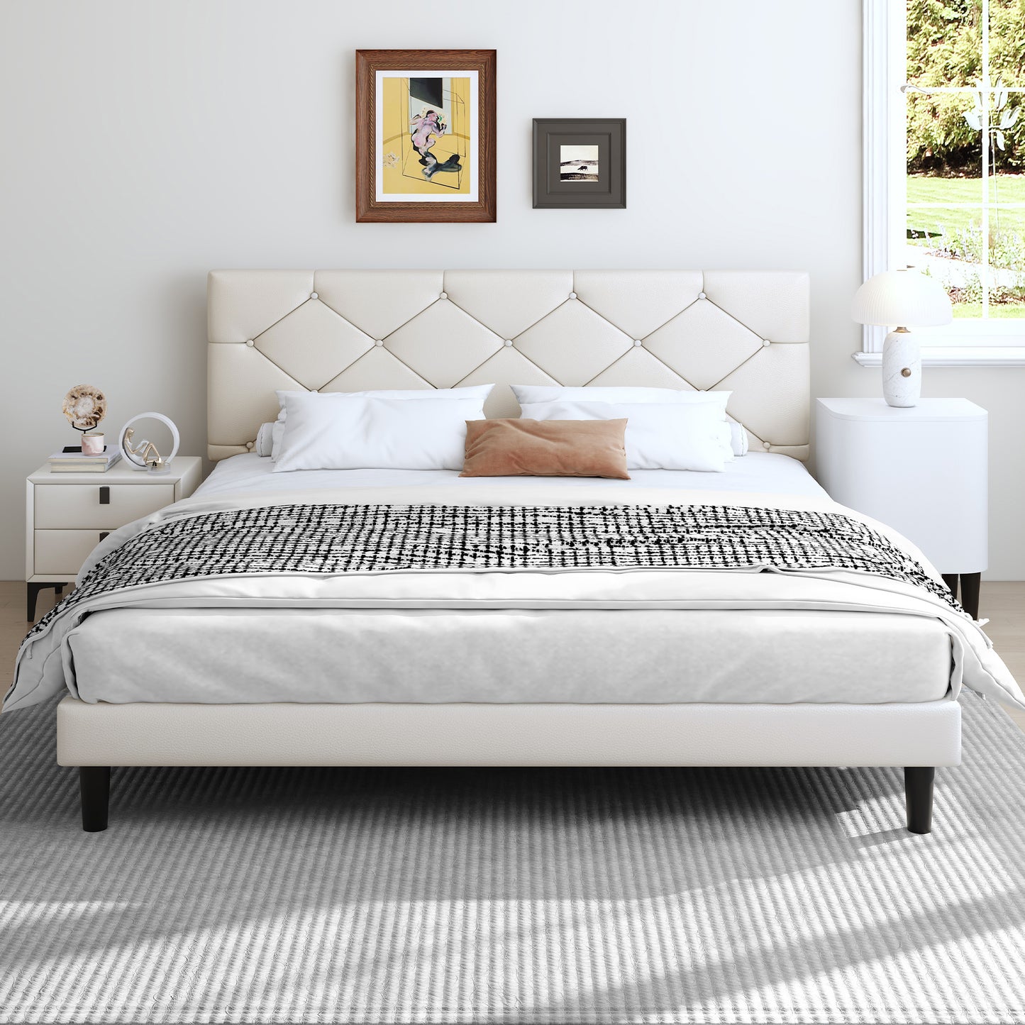 SYNGAR Queen Bed Frame with Upholstered Faux Leather Adjustable Headboard, Platform Bed Frame with Wood Slats Support, Noise-Free, Easy Assembly, No Box Spring Needed, Modern White Bed Frame