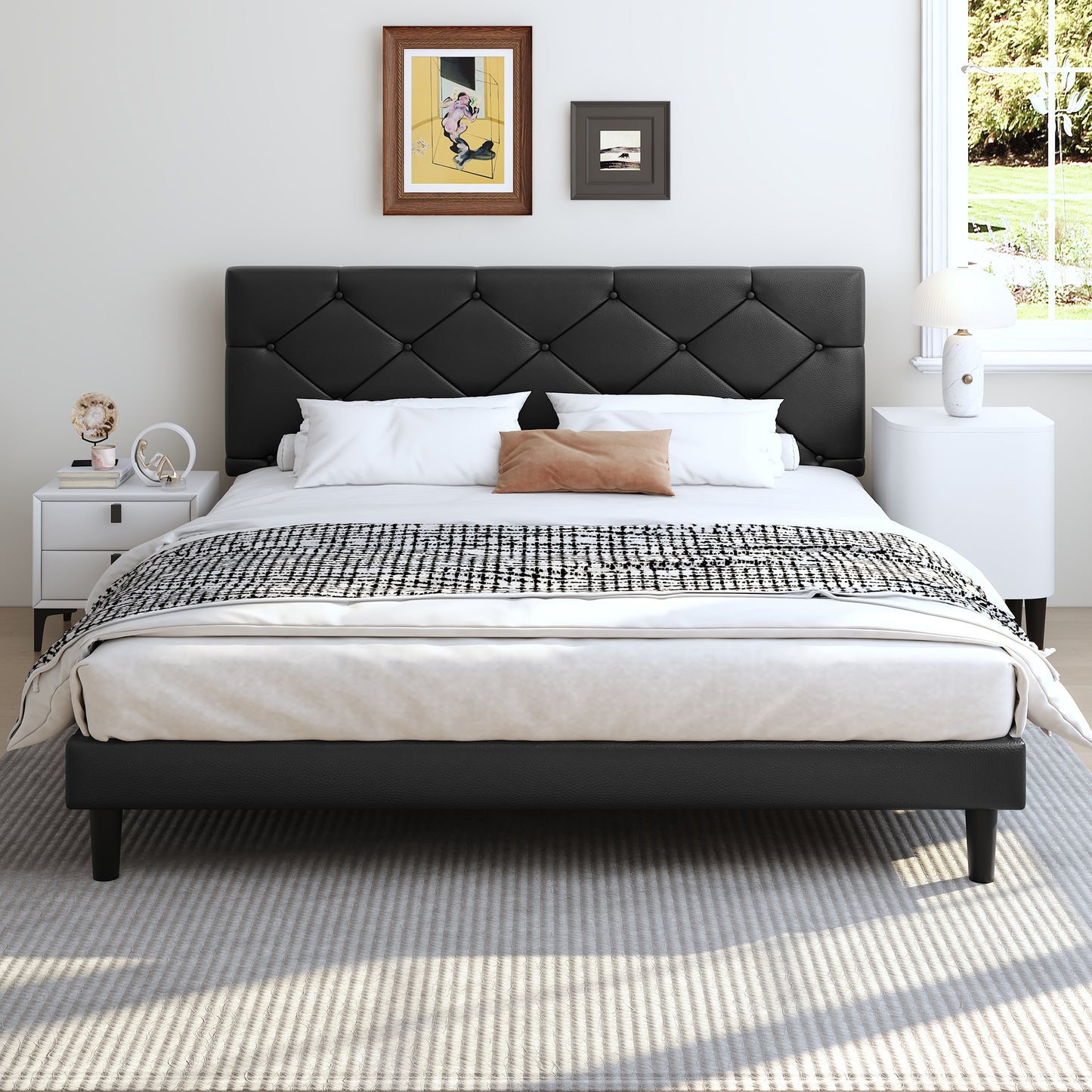 SYNGAR Queen Bed Frame with Upholstered Faux Leather Adjustable Headboard, Platform Bed Frame with Wood Slats Support, Noise-Free, Easy Assembly, No Box Spring Needed, Modern White Bed Frame