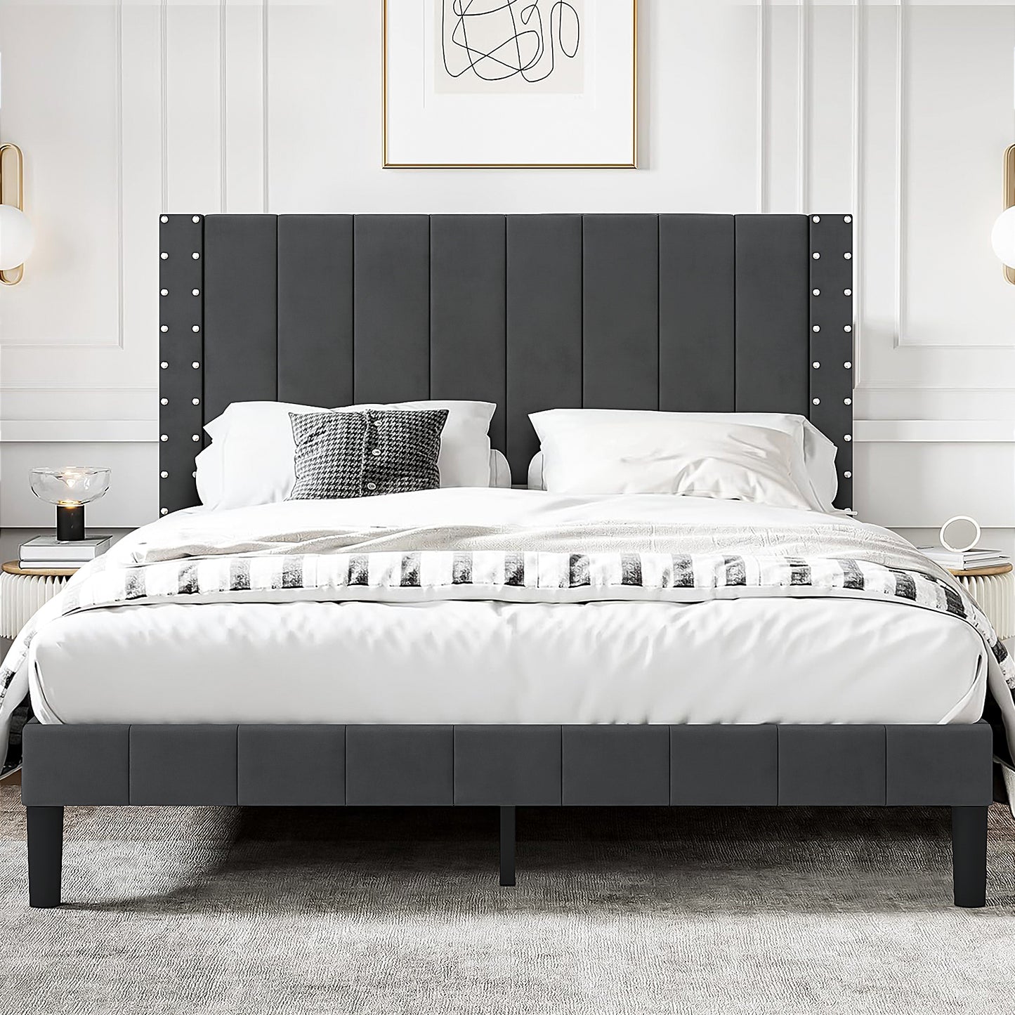 SYNGAR Queen Size Fabric Vertical Stripe Upholstered Platform Bed Frame with Headboard for Bedroom, No Box Spring Needed, Easy Assembly, Dark Gray