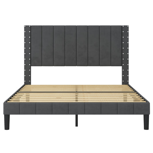 SYNGAR Queen Size Fabric Vertical Stripe Upholstered Platform Bed Frame with Headboard for Bedroom, No Box Spring Needed, Easy Assembly, Dark Gray