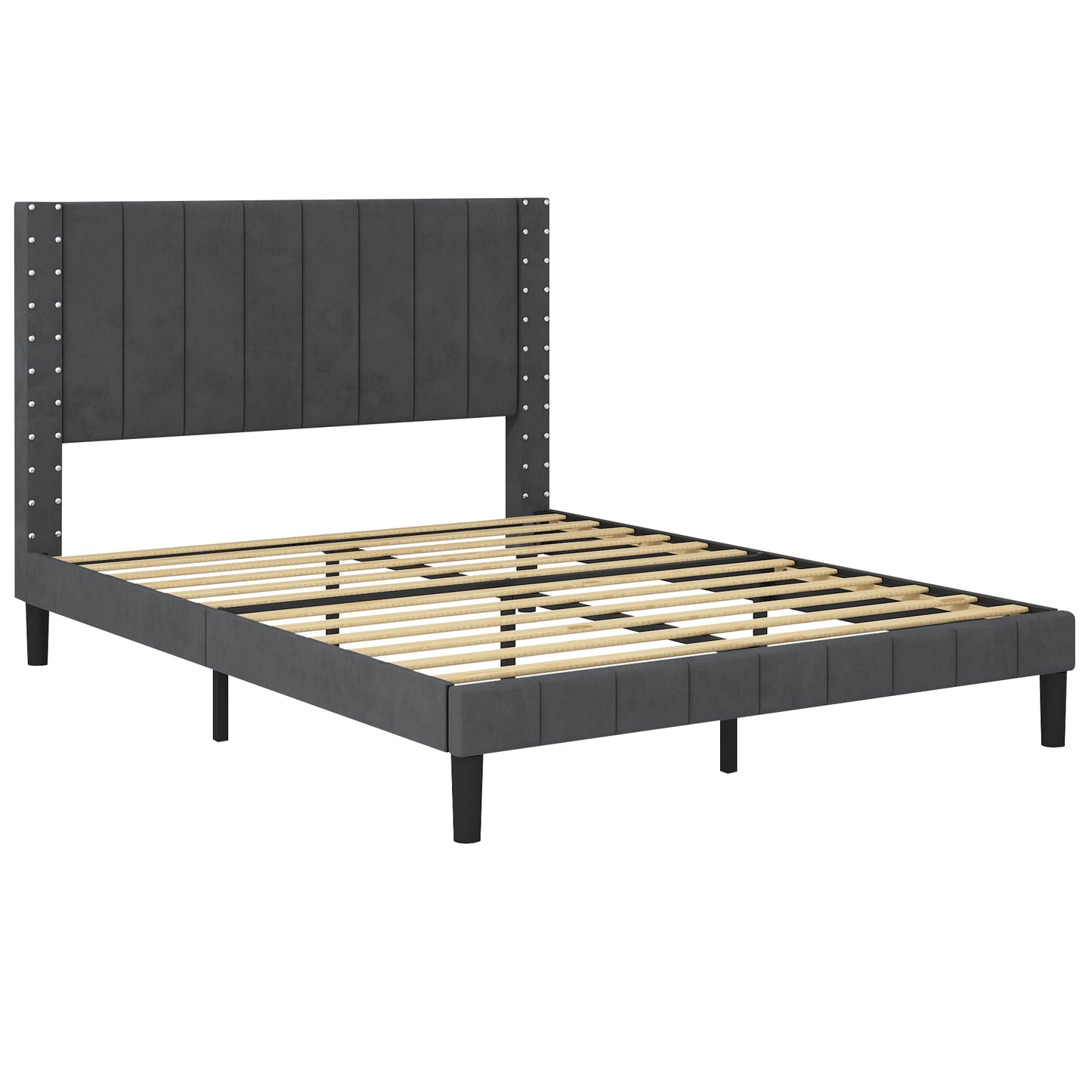 SYNGAR Queen Size Fabric Vertical Stripe Upholstered Platform Bed Frame with Headboard for Bedroom, No Box Spring Needed, Easy Assembly, Dark Gray